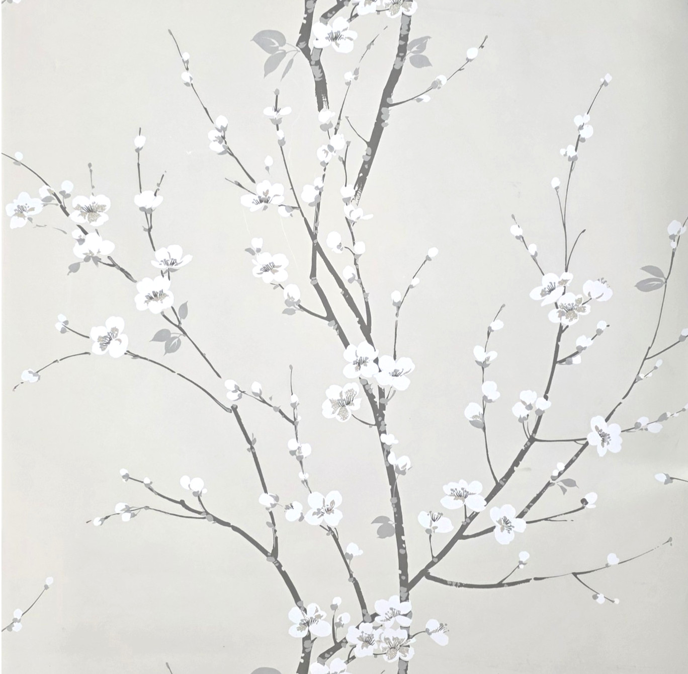 Taupe beige gray white watercolor cherry blossom branches Chinoiserie wallpaper