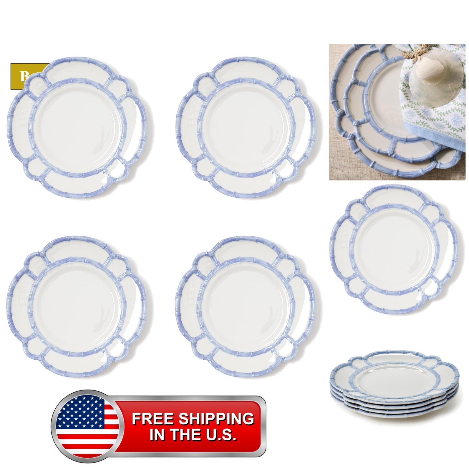 French Blue Bamboo Touch Dinner Plates, 11-Inch, Set of 4 French Blue Bamboo Touch Dinner Plates, 11-Inch, Set of 4