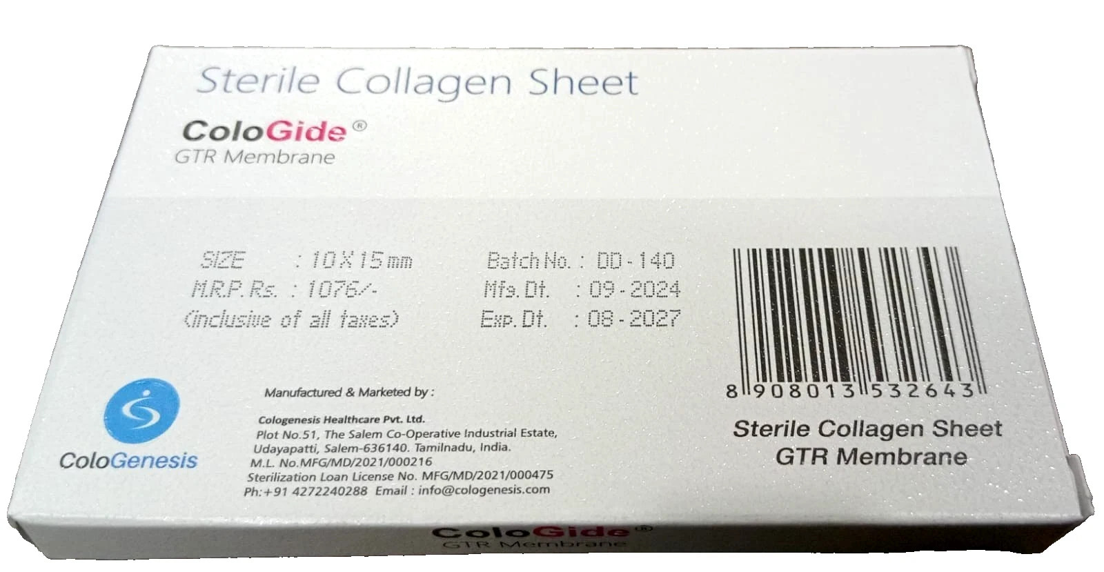 pk of 10 DENTAL COLO GIDE STERILE COLLAGEN SHEET GTR MEMBRANE 10 X 15 mm