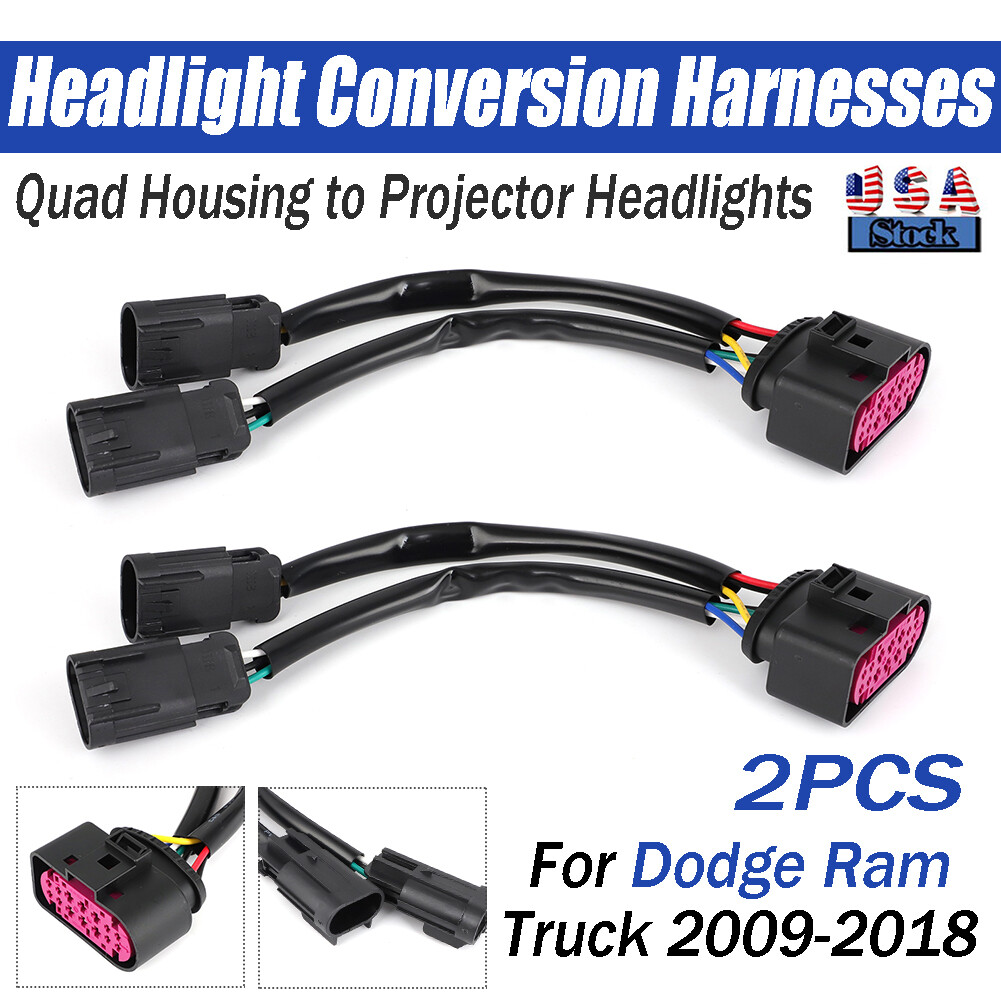 For 09-18 Dodge Ram Conversion Harnesses Quad Housing To Projector Headlight 2PC