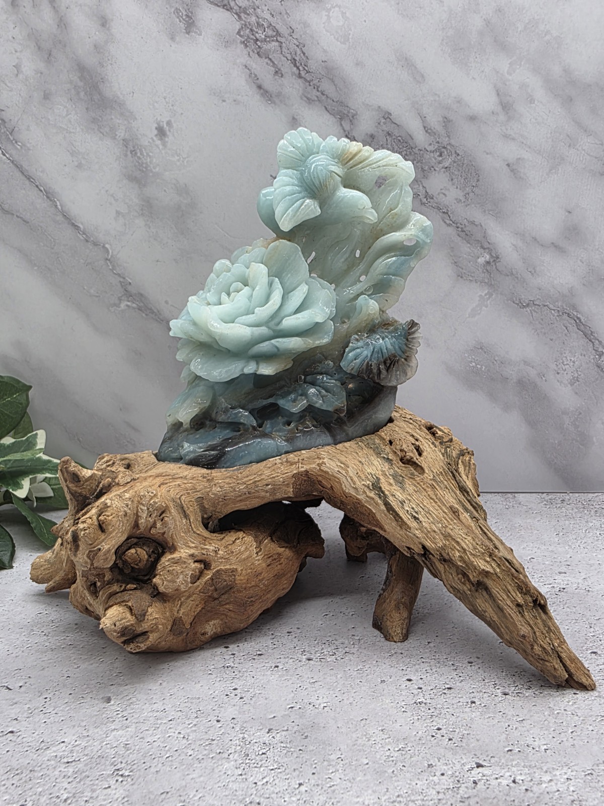 Caribbean Calcite Birds Rose Flower Carving With Wood Root Stand