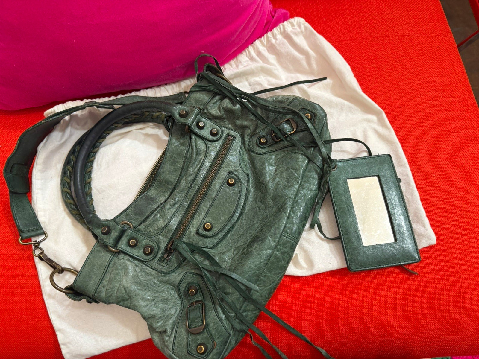 Balenciaga Original Le City Small Green Moto Satchel Handle Bag with Dust Bag Balenciaga Original Le City Small Green Moto Satchel Handle Bag with Dust Bag