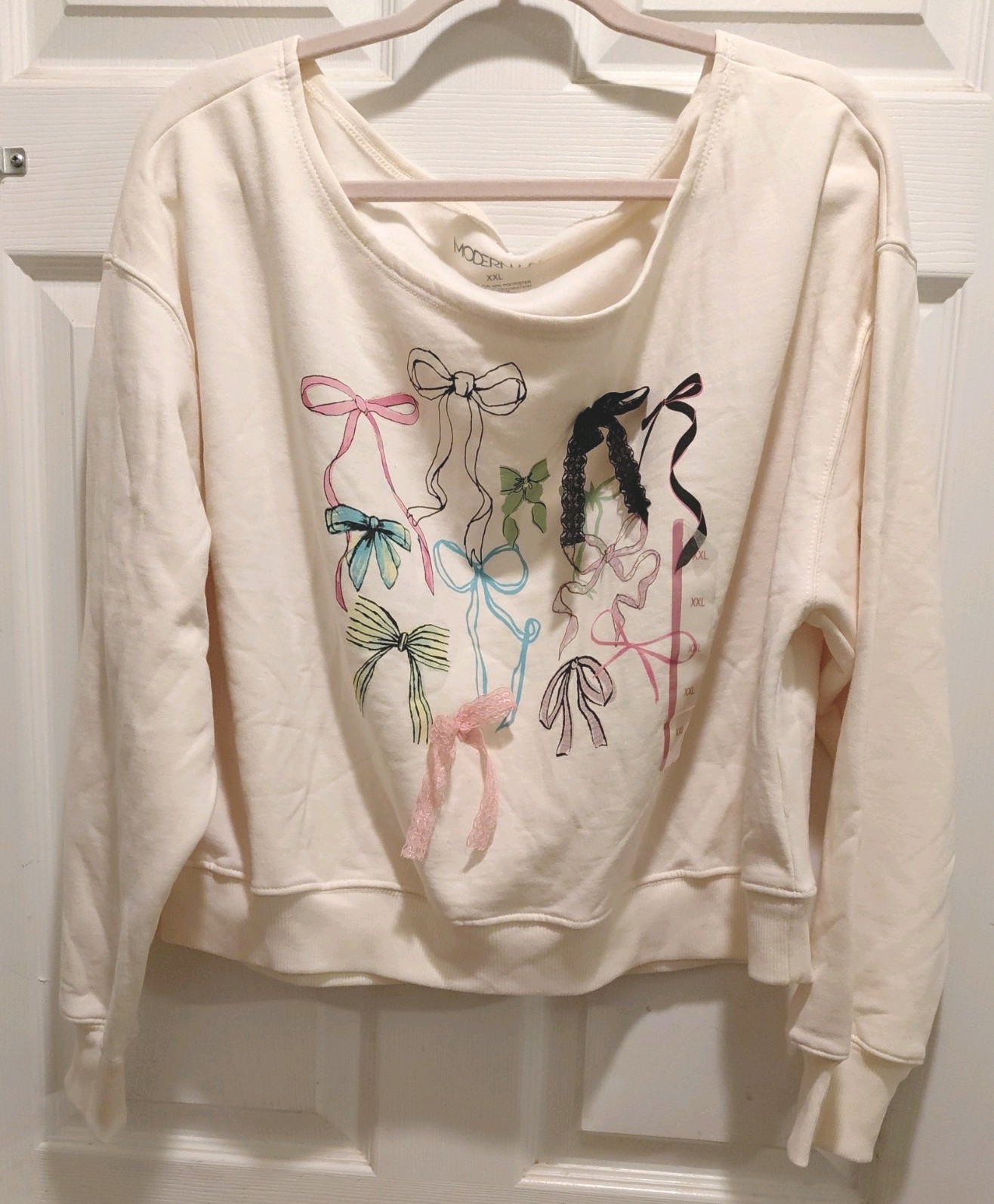 Modern Lux Womens Fleece Pullover Sweatshirt Bow Graphic Print XXL Ivory Boat Modern Lux Womens Fleece Pullover Sweatshirt Bow Graphic Print XXL Ivory Boat
