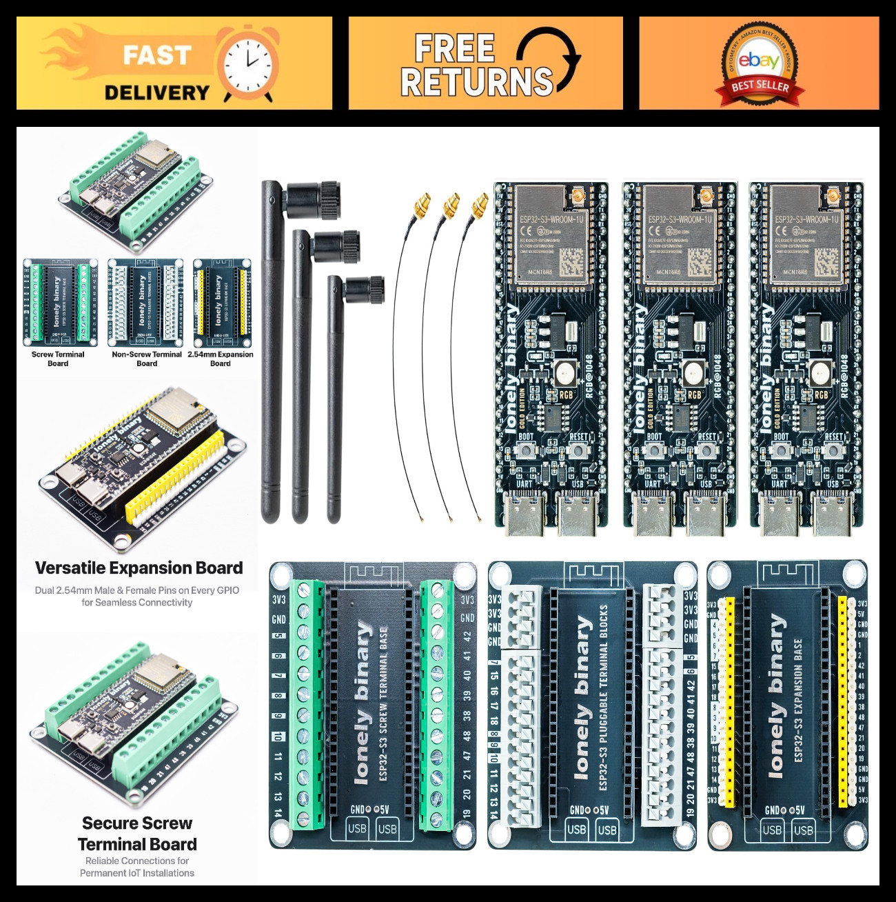 ESP32-S3 Gold Edition Kit 3-Pack - 16MB Flash, 8MB PSRAM, Dual USB-C, Antenna & ESP32-S3 Gold Edition Kit 3-Pack - 16MB Flash, 8MB PSRAM, Dual USB-C, Antenna &