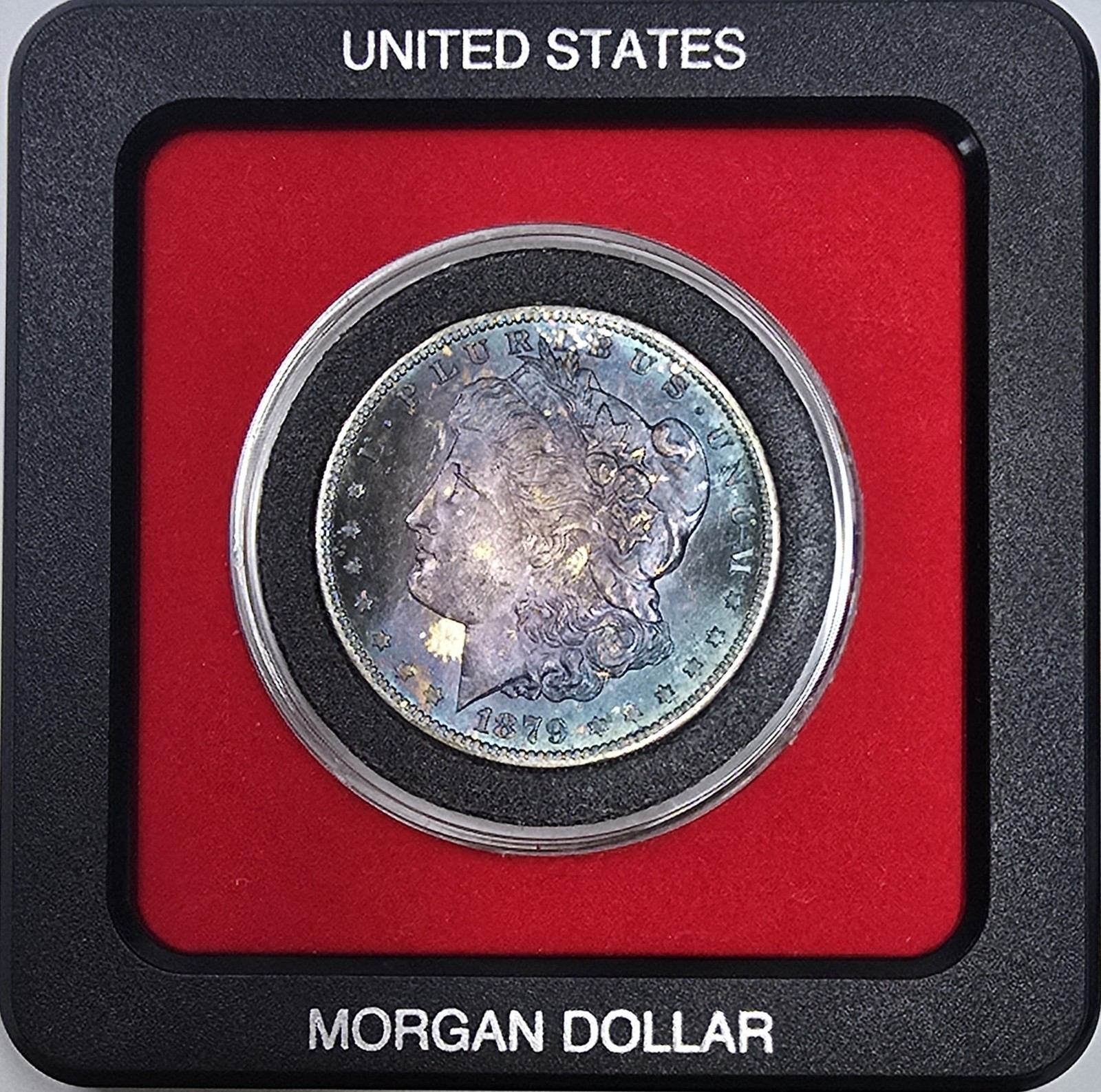 Blueberry Toned 1879 S Morgan Silver Dollar UNC MS++ in a Capsule Blueberry Toned 1879 S Morgan Silver Dollar UNC MS++ in a Capsule