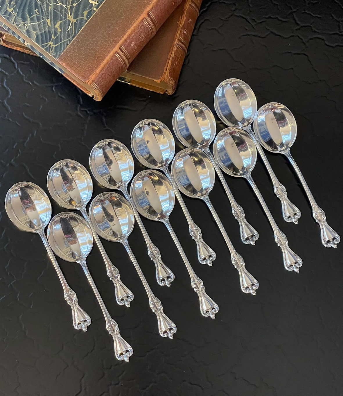 Set 12 Rare Towle Old Colonial Sterling Silver Bouillon Soup Spoons American 5” Set 12 Rare Towle Old Colonial Sterling Silver Bouillon Soup Spoons American 5”