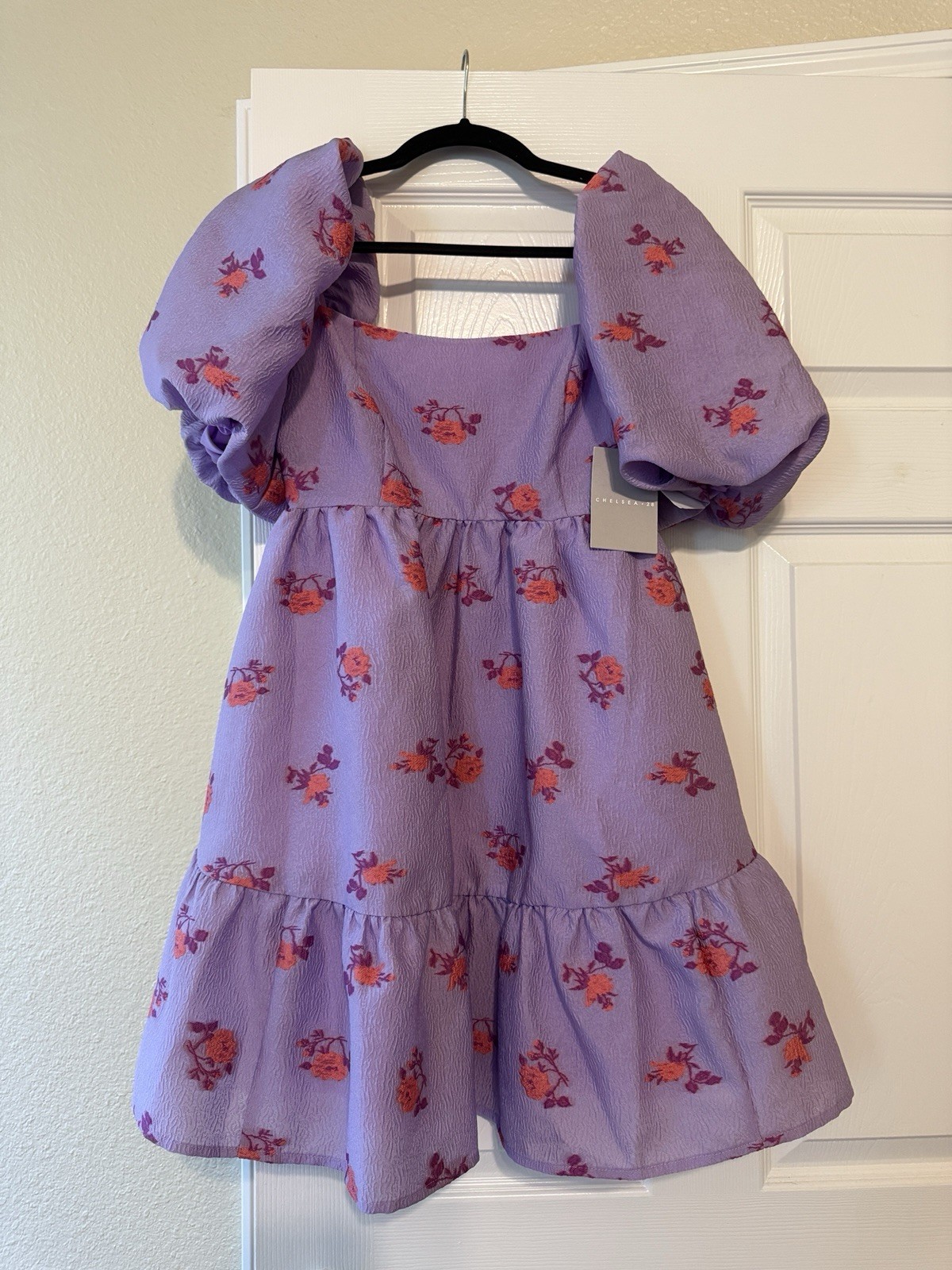 Chelsea28 Purple Orange Pink Floral Jacquard Puff Sleeve Short Dress XXS Chelsea28 Purple Orange Pink Floral Jacquard Puff Sleeve Short Dress XXS