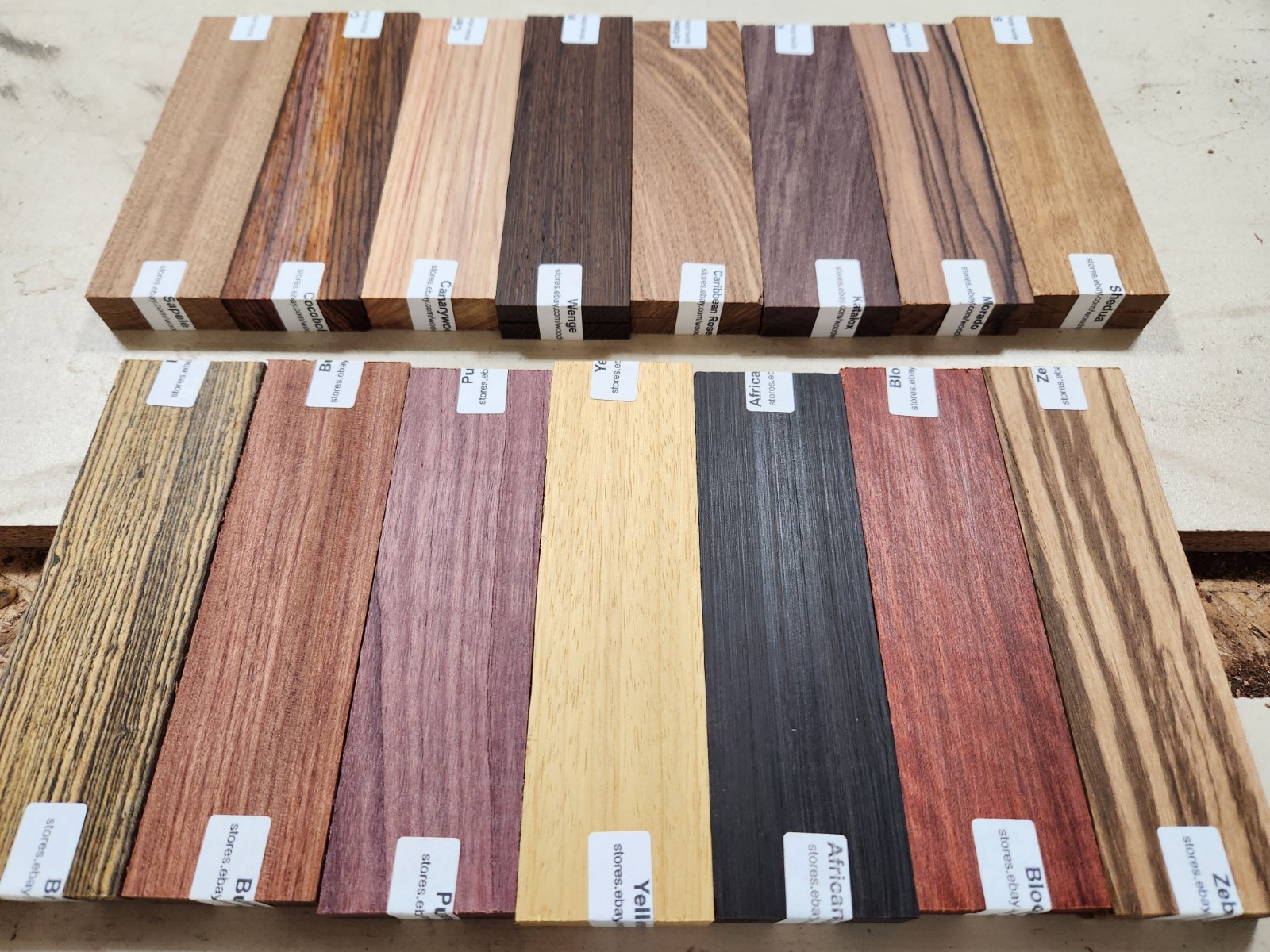 15 Different Exotic Wood Bookmatched Knife Scales Bocote, African Blackwood K-15