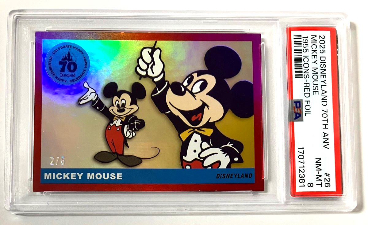 2025 DISNEYLAND 70TH TOPPS MICKEY MOUSE RED REFRACTOR DISNEY CARD /5 PSA 8