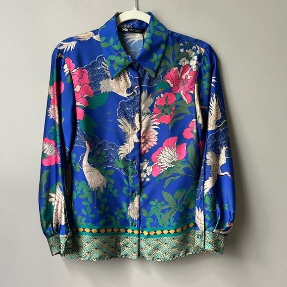 Zara Satin Blouse Top Women\'s XS New NWt Blue Cranes Asian Floral Chinoiserie
