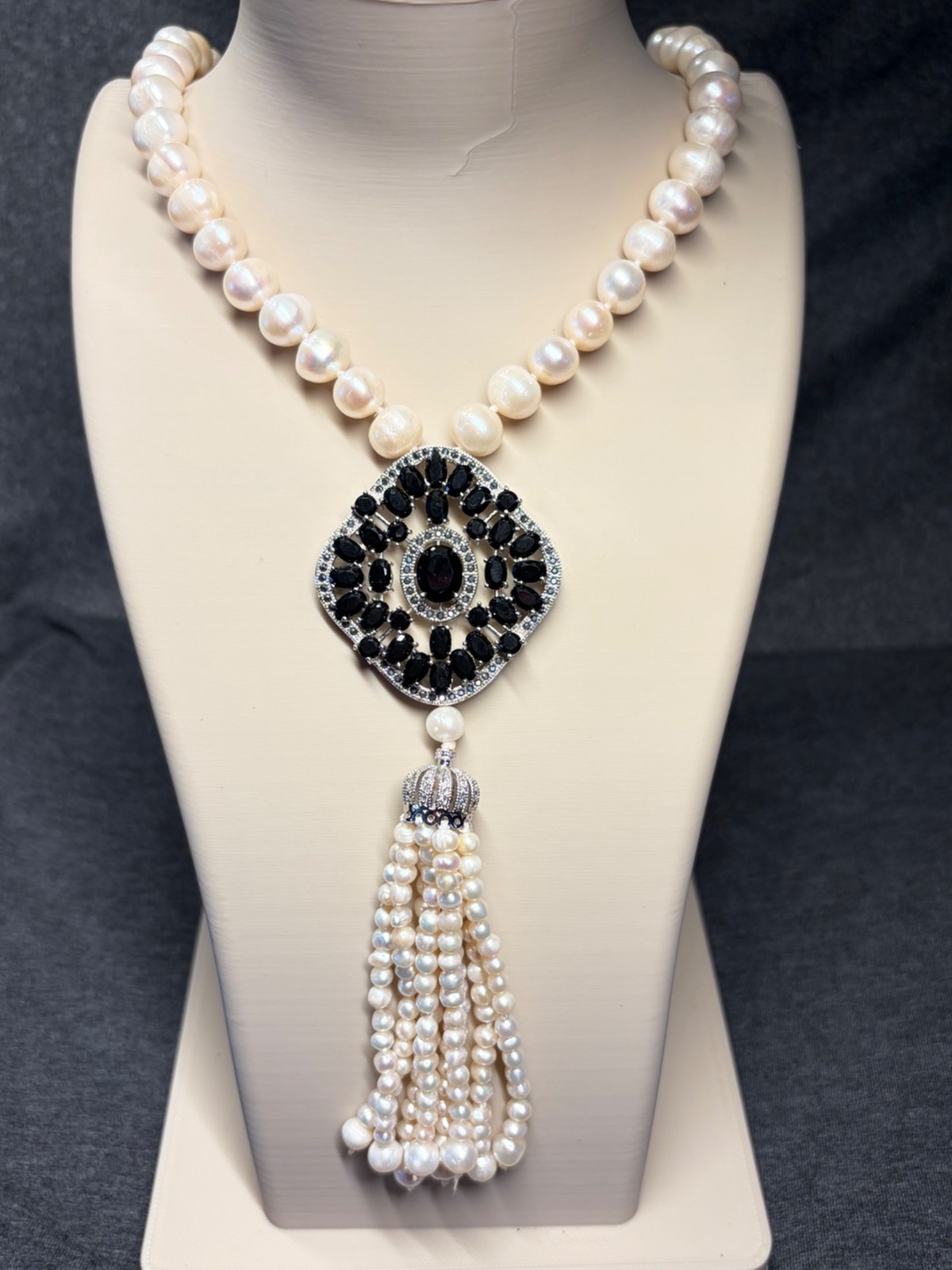 Vintage Estate Necklace Genuine Pearl Black Rhinestone Art Deco Style Silvertone