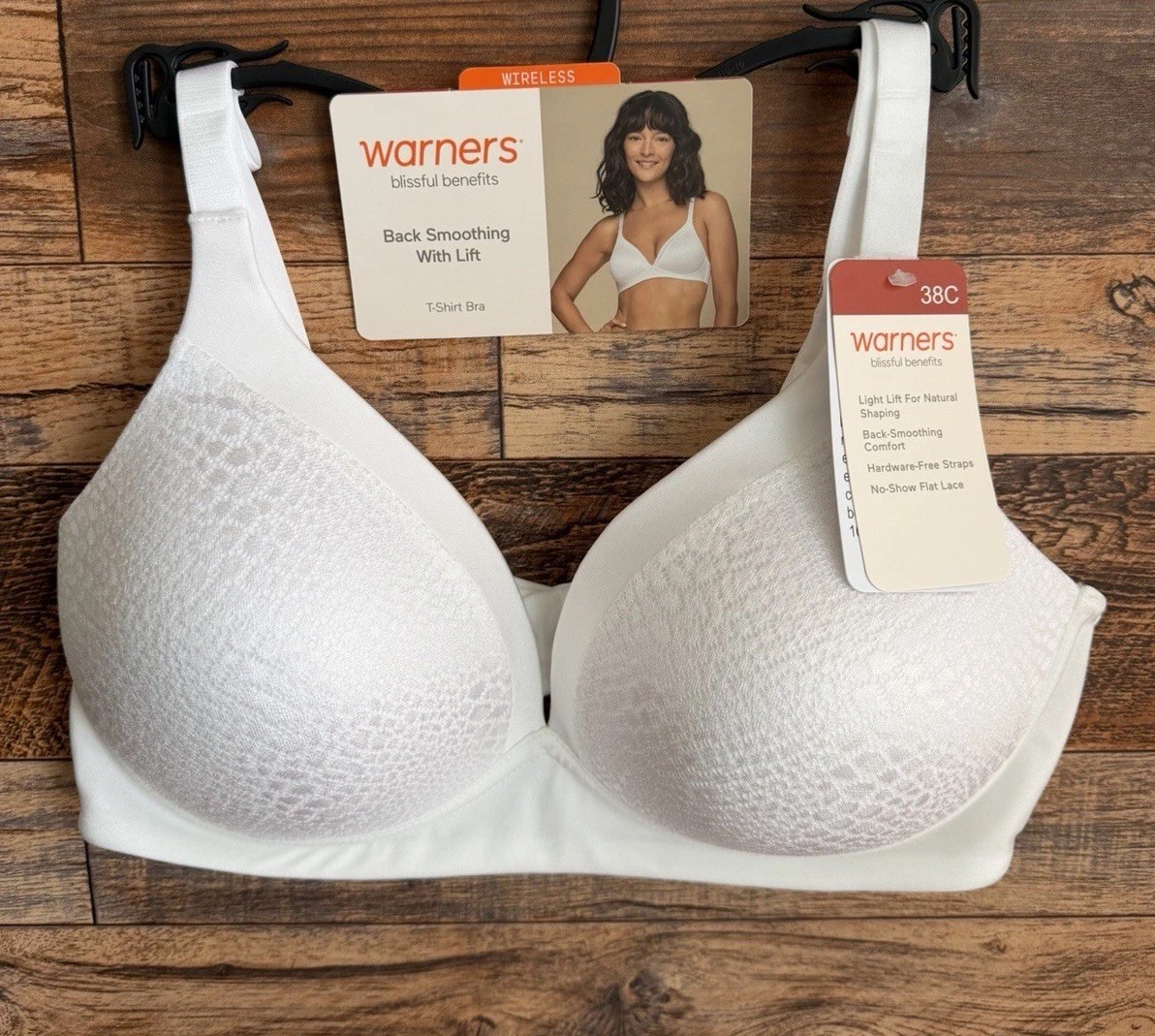 Warners Blissful Benefits Back Smoothing Lift Wireless T Shirt Bra 38C White NWT
