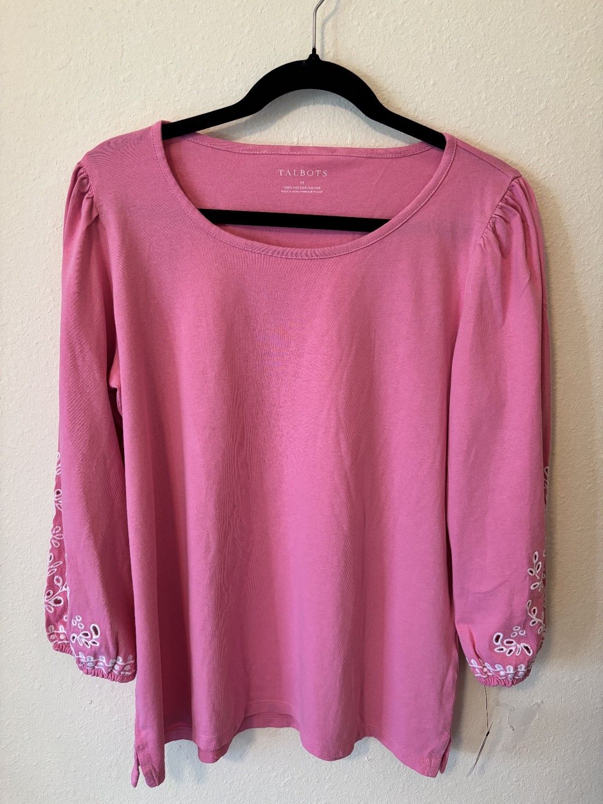 TALBOTS PINK 100% Cotton Knit Top, 3/4 Sleeve Eyelet Embroidery, Medium TALBOTS PINK 100% Cotton Knit Top, 3/4 Sleeve Eyelet Embroidery, Medium