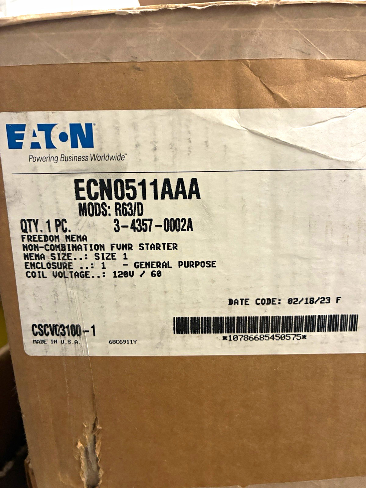 Eaton ECN0511AAA Freedom NEMA Non-Combination FVR Starter 120V Coil Eaton ECN0511AAA Freedom NEMA Non-Combination FVR Starter 120V Coil