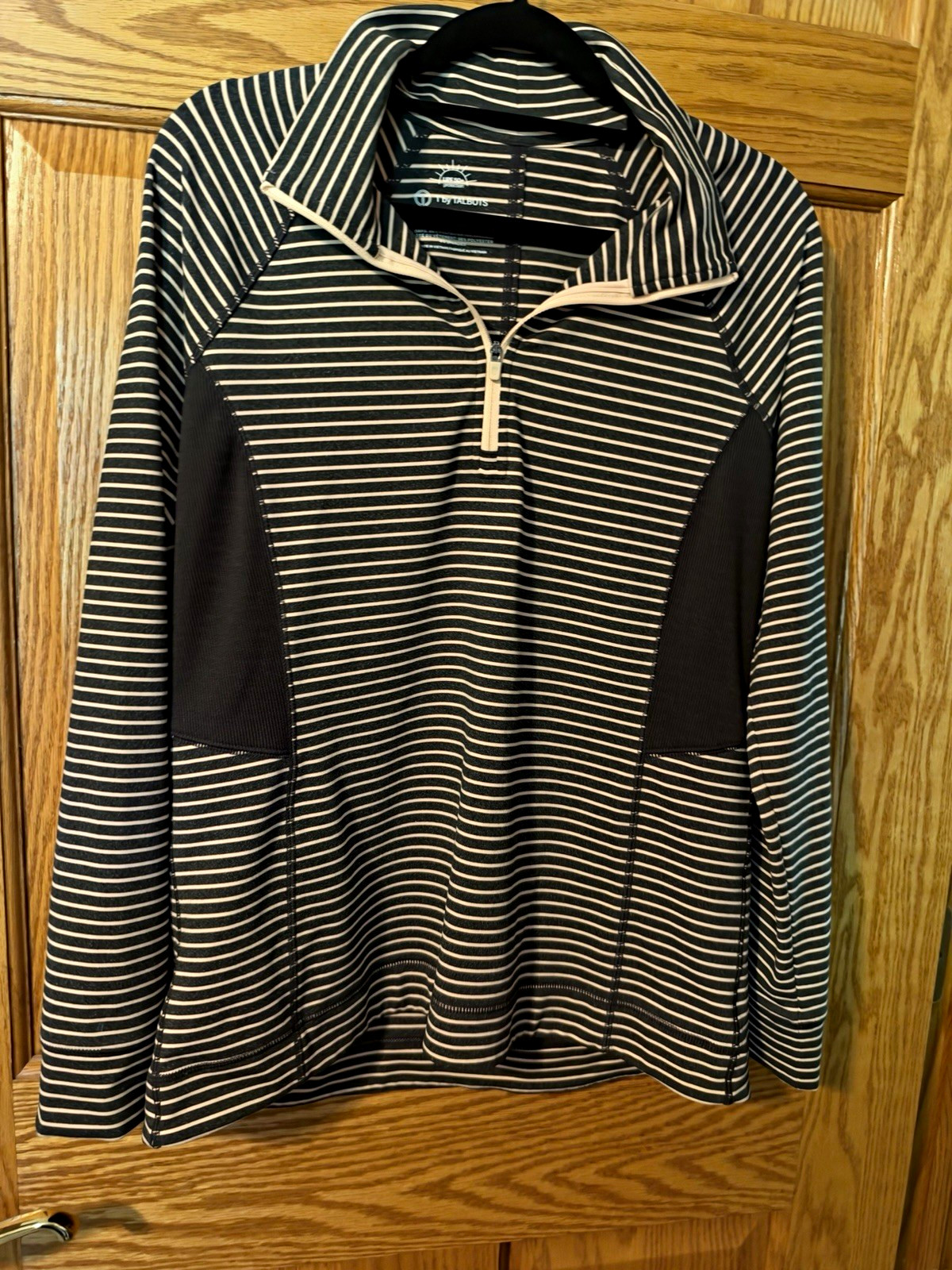 T by Talbots UPF 50+ Striped 1/4 Zip Mock Neck Pullover Pockets S T by Talbots UPF 50+ Striped 1/4 Zip Mock Neck Pullover Pockets S
