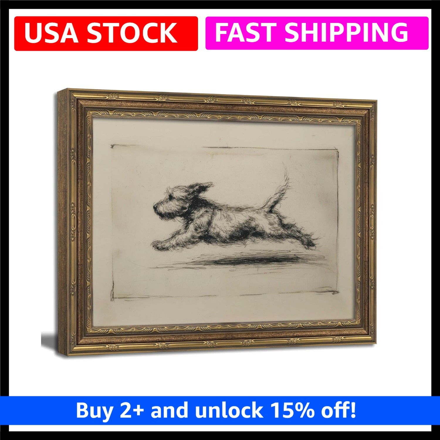 Vintage Gold Framed Wall Art Antique Terrier Sketch Wall Art Running Dog Wall... Vintage Gold Framed Wall Art Antique Terrier Sketch Wall Art Running Dog Wall...
