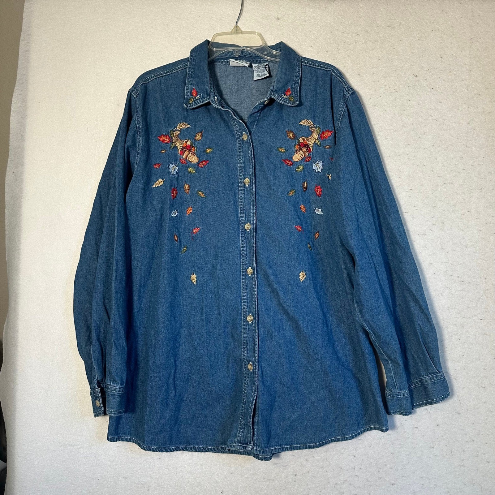 Bobbie Brooks Woman Vintage Denim Embroidered Fall Cornucopia Shirt 22W 24W Bobbie Brooks Woman Vintage Denim Embroidered Fall Cornucopia Shirt 22W 24W
