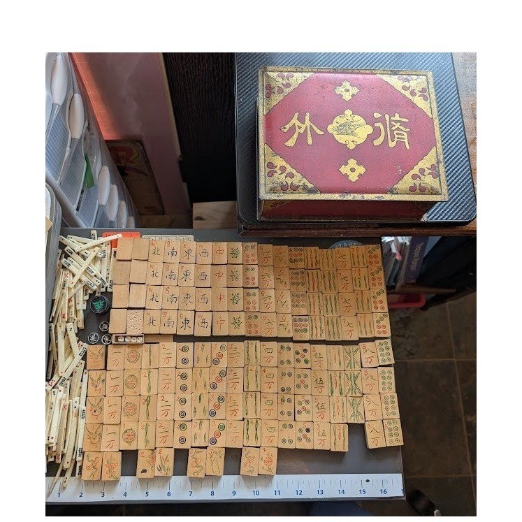 Antique 20s Admiral Mahjong Set Bone Bamboo Tiles Sticks Tin Box Hand Carved