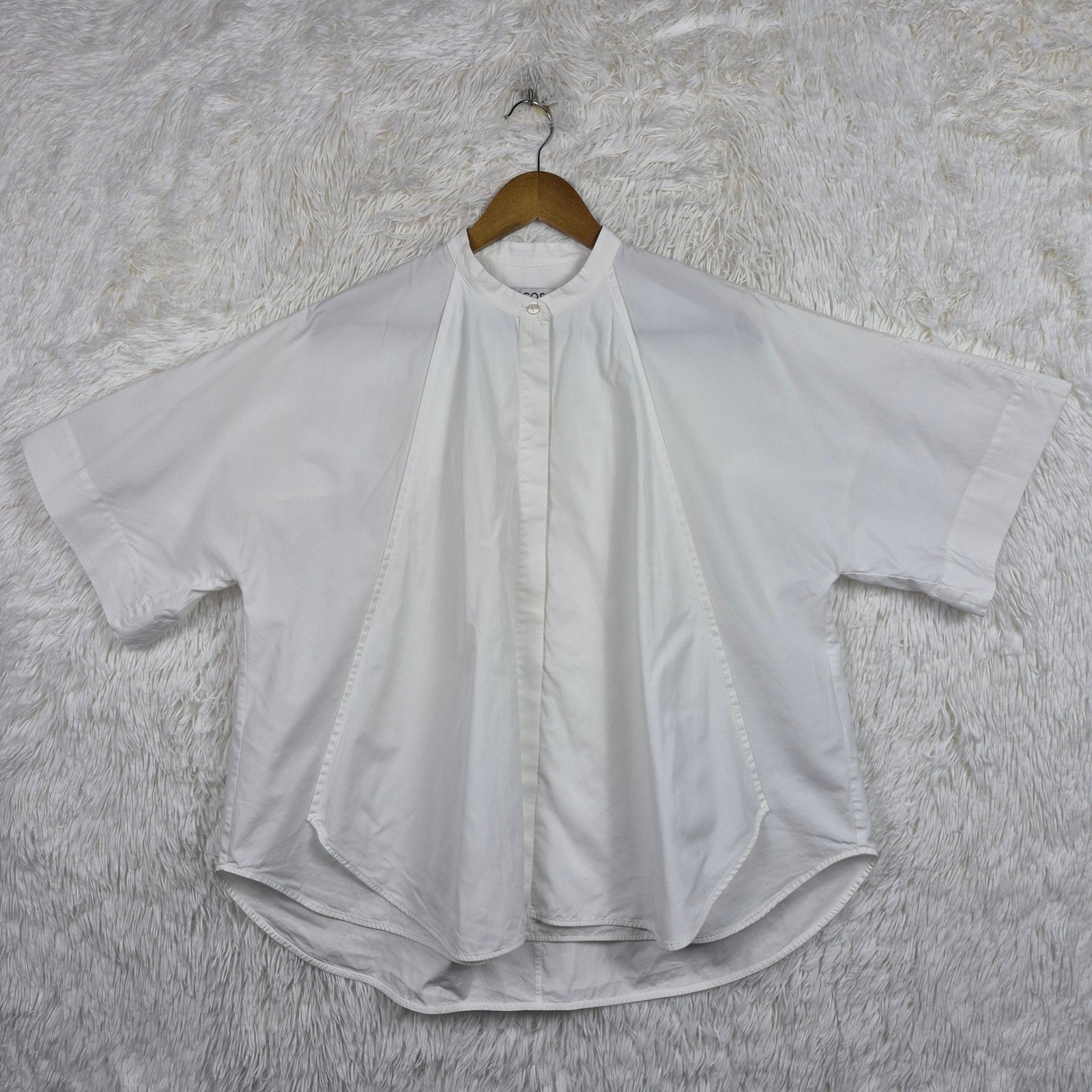 COS White Cotton Poplin Band Collar Oversized Short Sleeve Poplin Shirt US 10