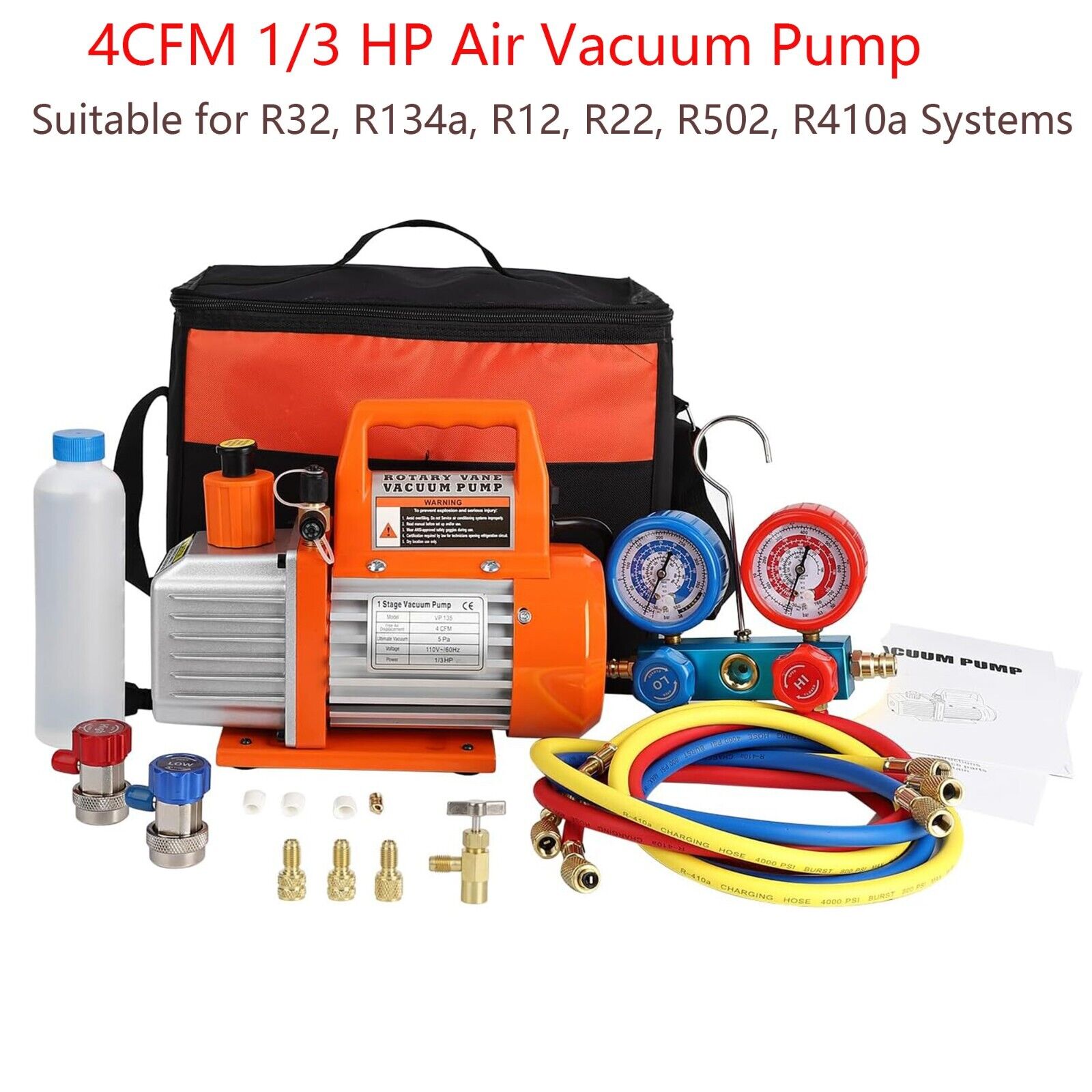 4CFM 1/3HP Air Vacuum Pump And AC Manifold Gauge Set For HVAC Air Conditioning