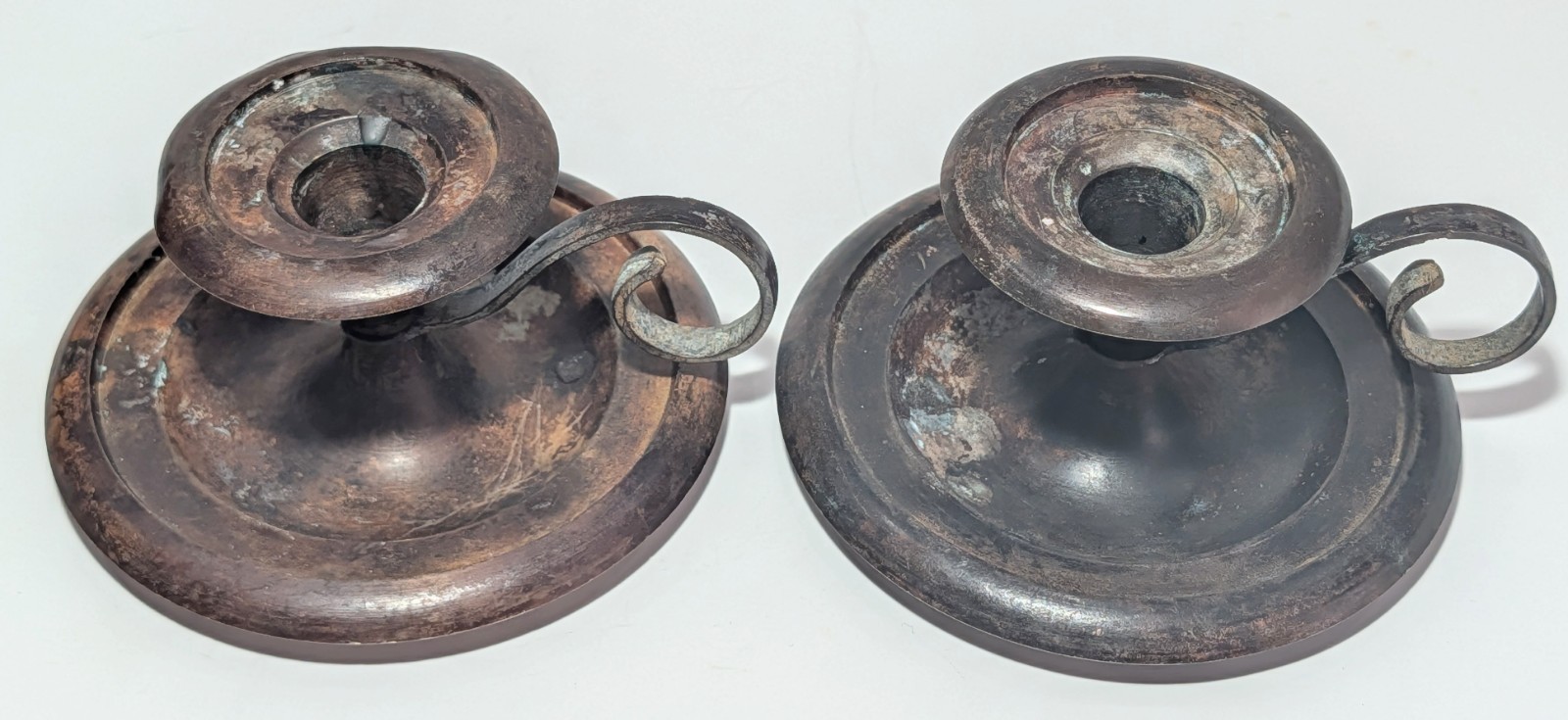 Pair Early 19th C Antique Brass Chambersticks Copper-Rich Candle Holders