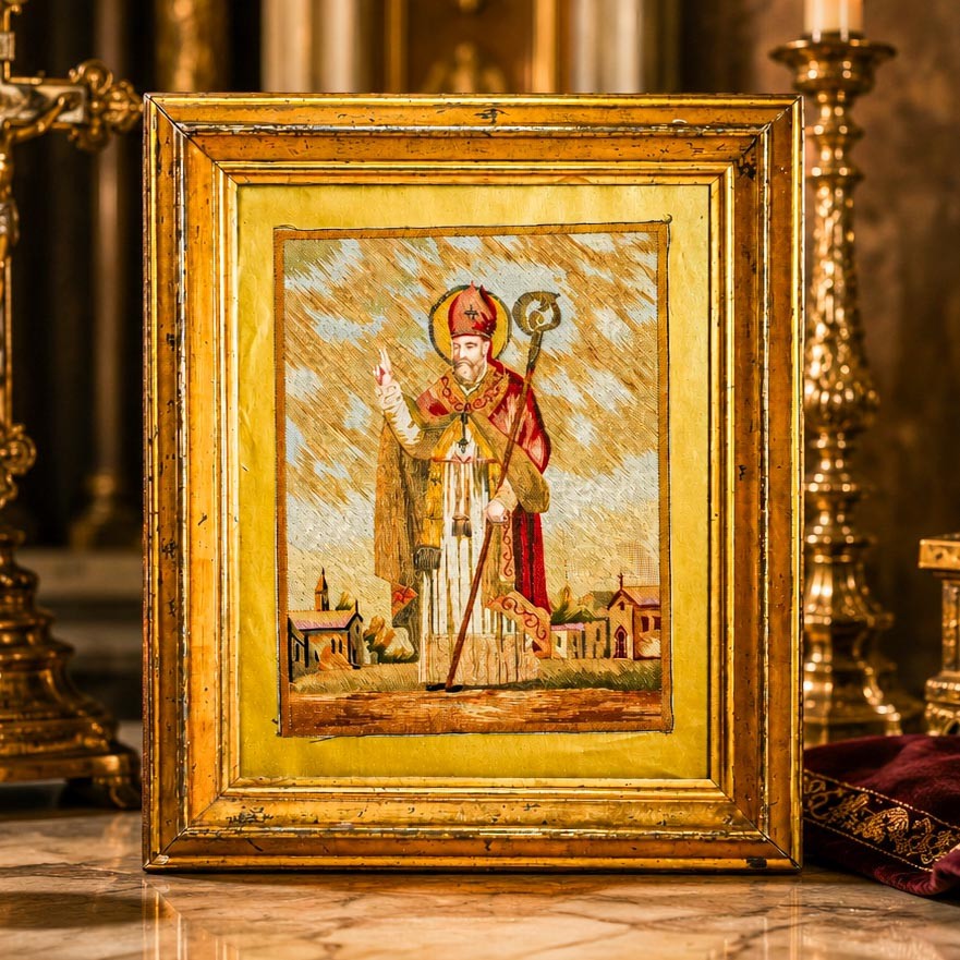 Rare Antique Religious Textile Artwork 19th Century Catholic Saint Bishop Rare Antique Religious Textile Artwork 19th Century Catholic Saint Bishop