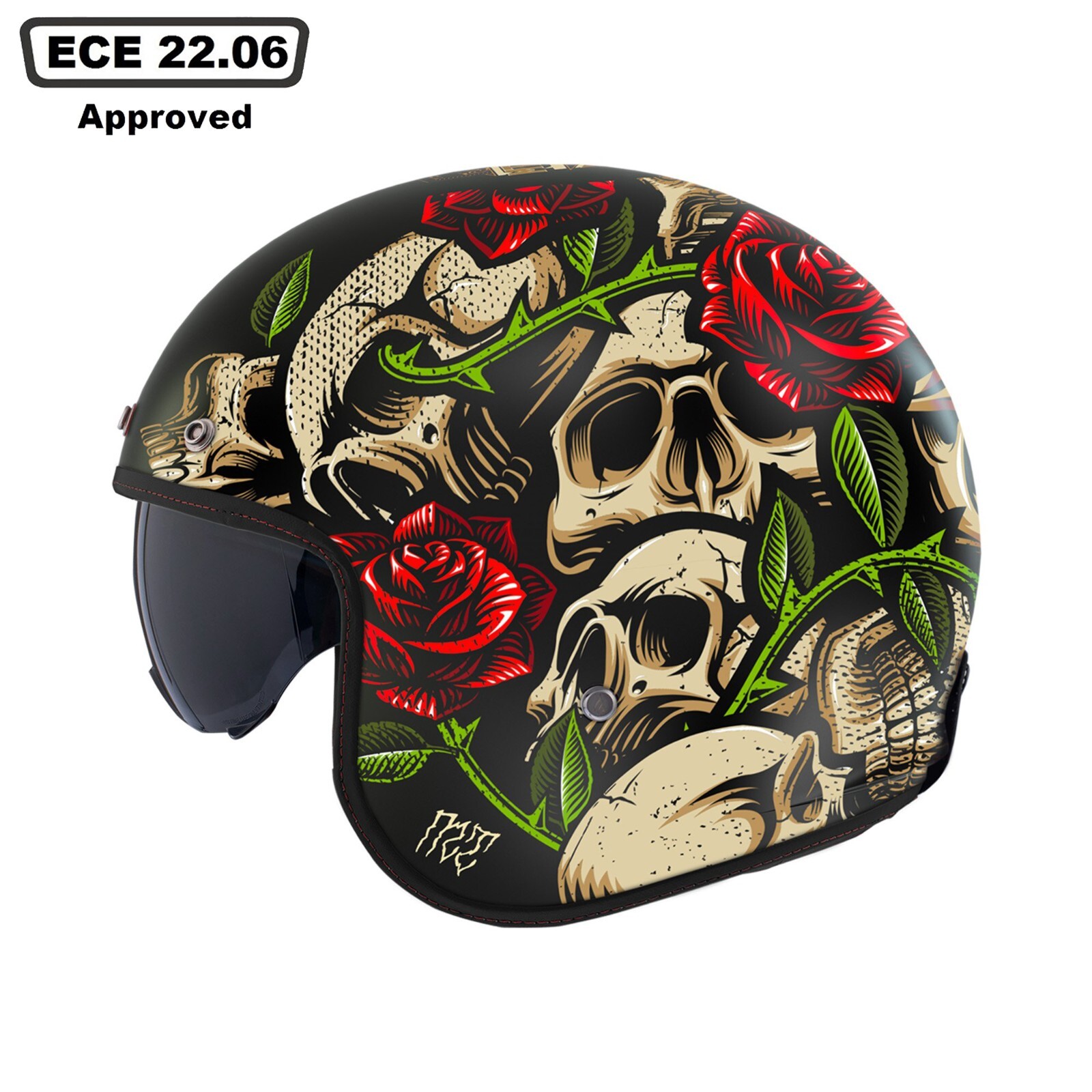 MT Le Mans 2 S Breakout Open Face Motorcycle Helmet Scooter Skull Rose Red Black