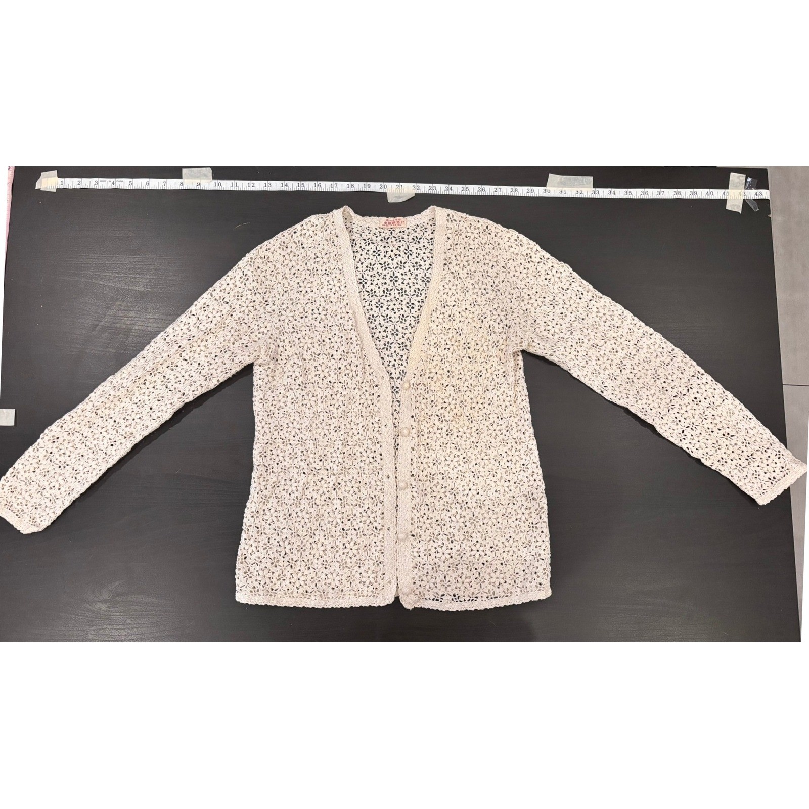 Vintage Cream Crochet Cardigan Floral Open Knit Cotton Button Front Sweater M