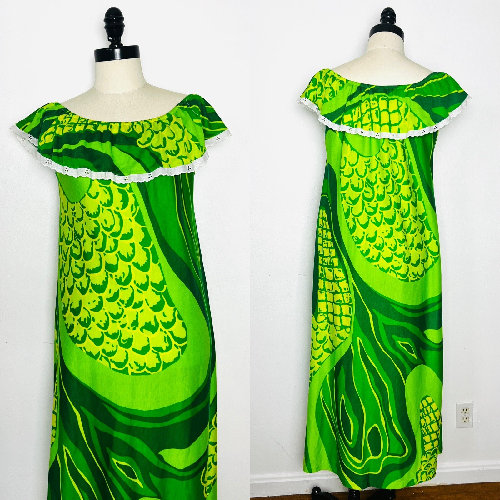 1960’s 60s 70’s 70s GREEN FRUIT Hawaiian Vintage Eyelet Lace Sundress Dress S M