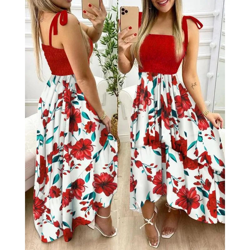 Women\'s Floral Tie-Strap Maxi Dress – Flowy Boho Summer Dress