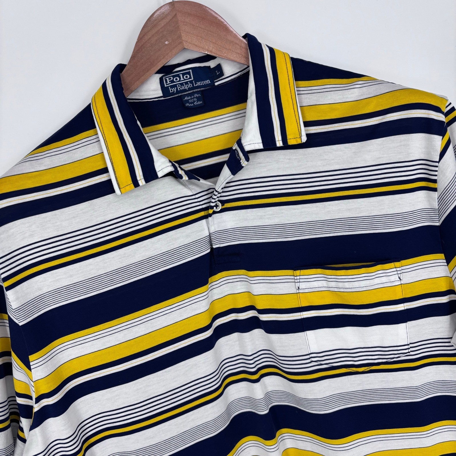 VTG Polo Ralph Lauren Pima Cotton Striped Pocket Polo Mens L Navy Yellow Pony