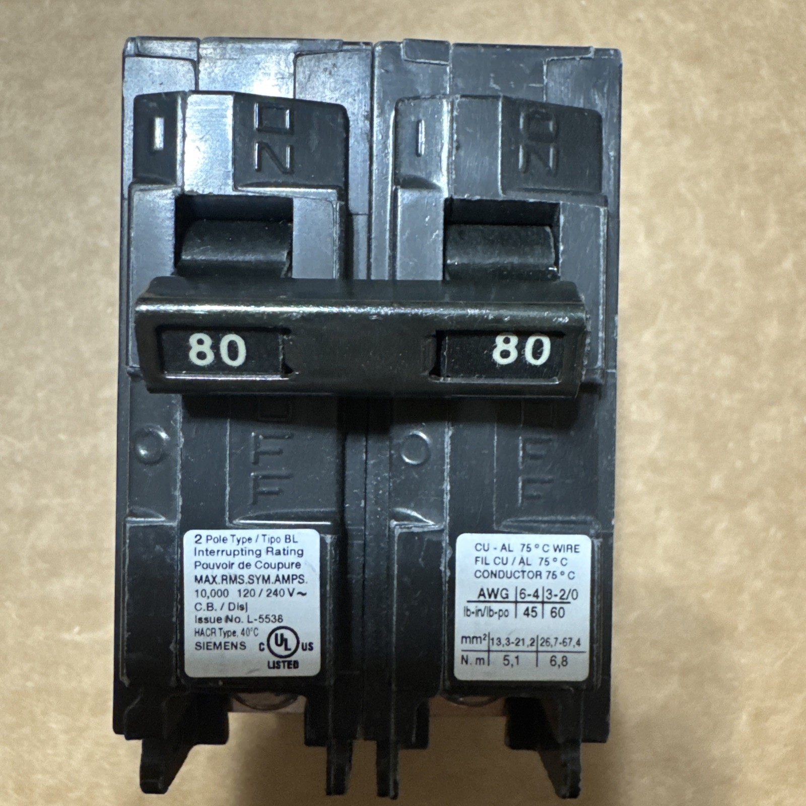 Siemens B280 Circuit Breaker 80 Amp 240 Volt 2 Pole Bolt On Type BL -WARRANTY