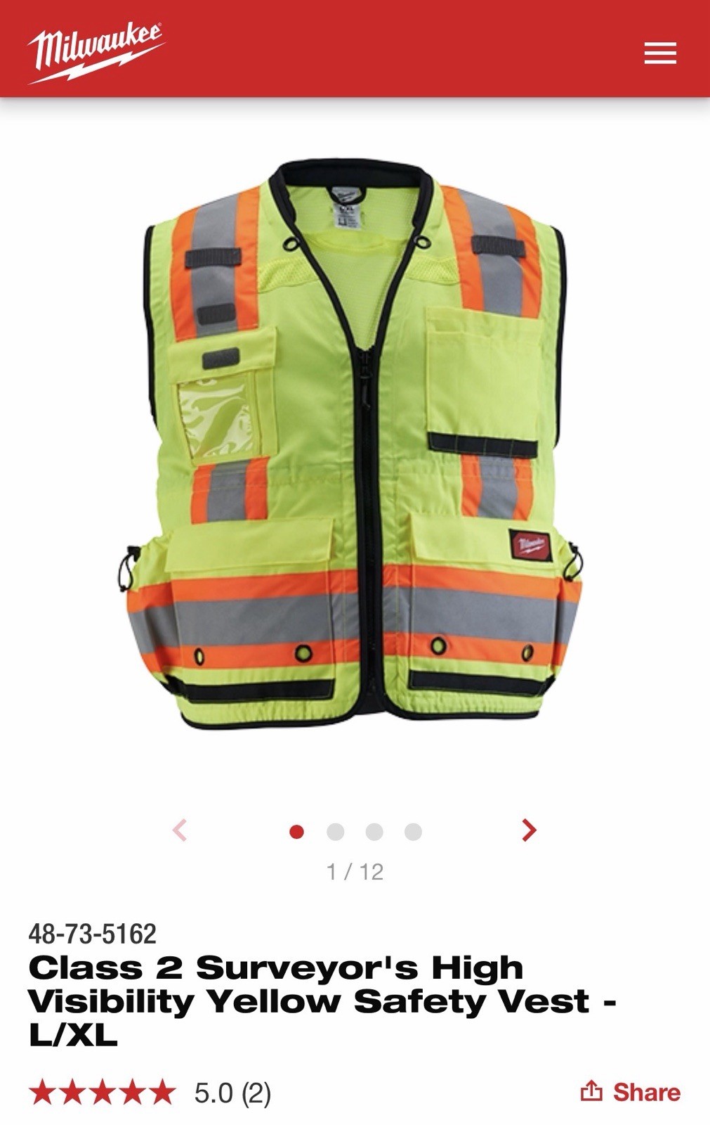 Milwaukee Class 2 Surveyor Hi-Vis Safety Vest L/XL Yellow 48-73-5162