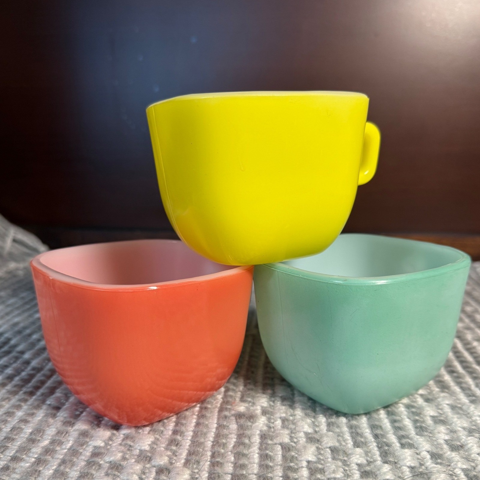 Vintage Glasbake J-2265 Square Mugs Set of 3 MCM Pastel Lipton Soup Cups