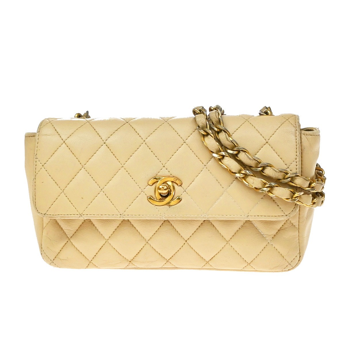 CHANEL CC Logo Mini Matelasse Chain Shoulder Bag Leather Beige Vintage 669RP256