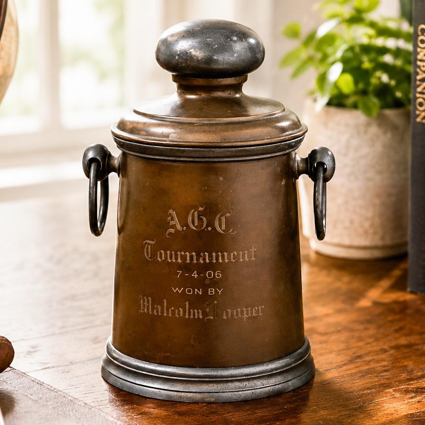 Nice Antique Golf Trophy Copper Metal Humidor Lidded Jar Canister Sports 