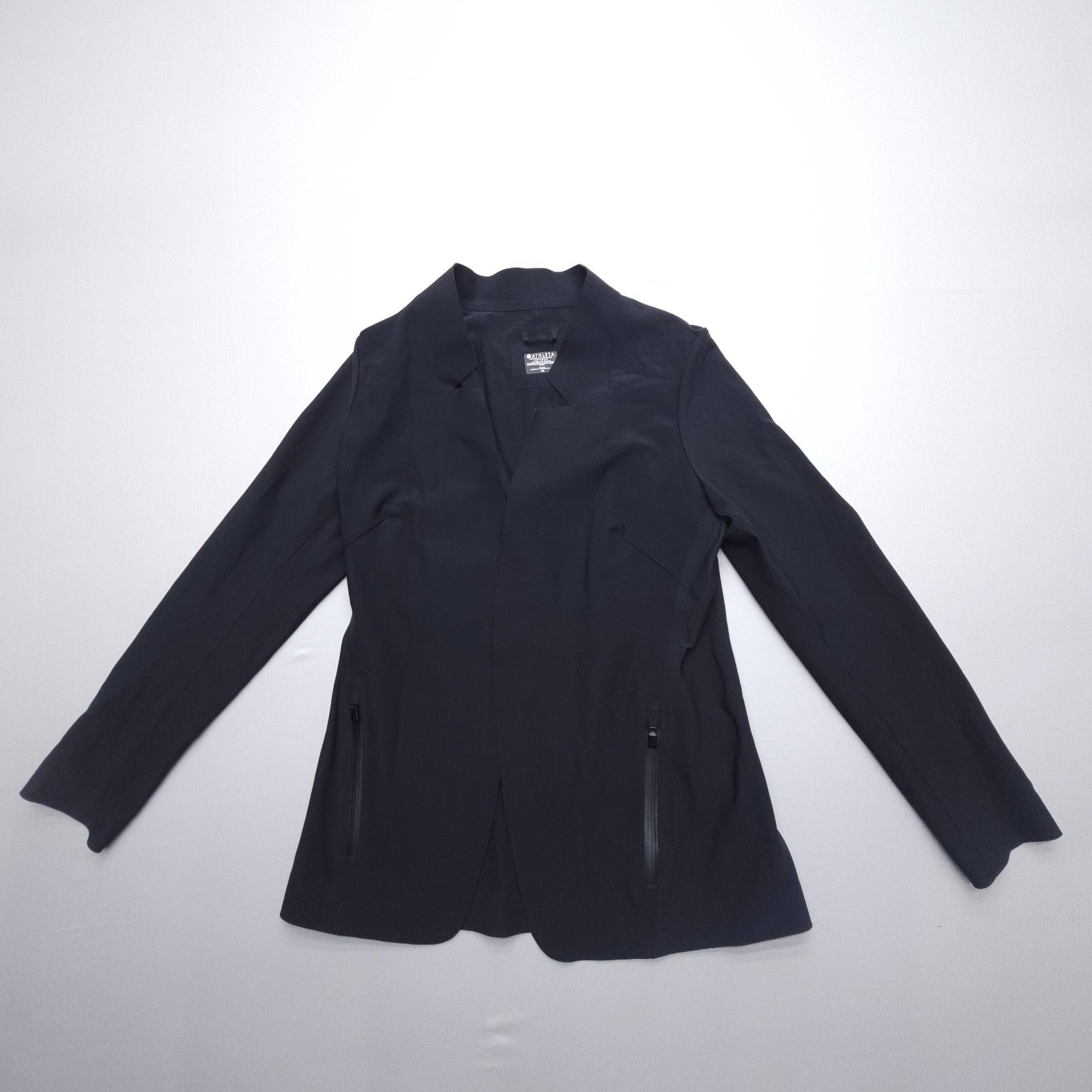 Athleta Black Stellar Blazer Jacket Open Front Notch Collar Zip Pockets Size M Athleta Black Stellar Blazer Jacket Open Front Notch Collar Zip Pockets Size M