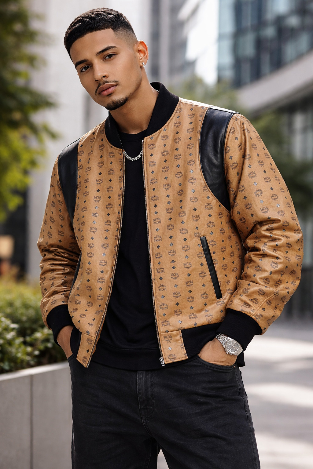 Mens Brown MCM Monogram Leather Bomber Jacket Black Trim Designer Style Coat Mens Brown MCM Monogram Leather Bomber Jacket Black Trim Designer Style Coat