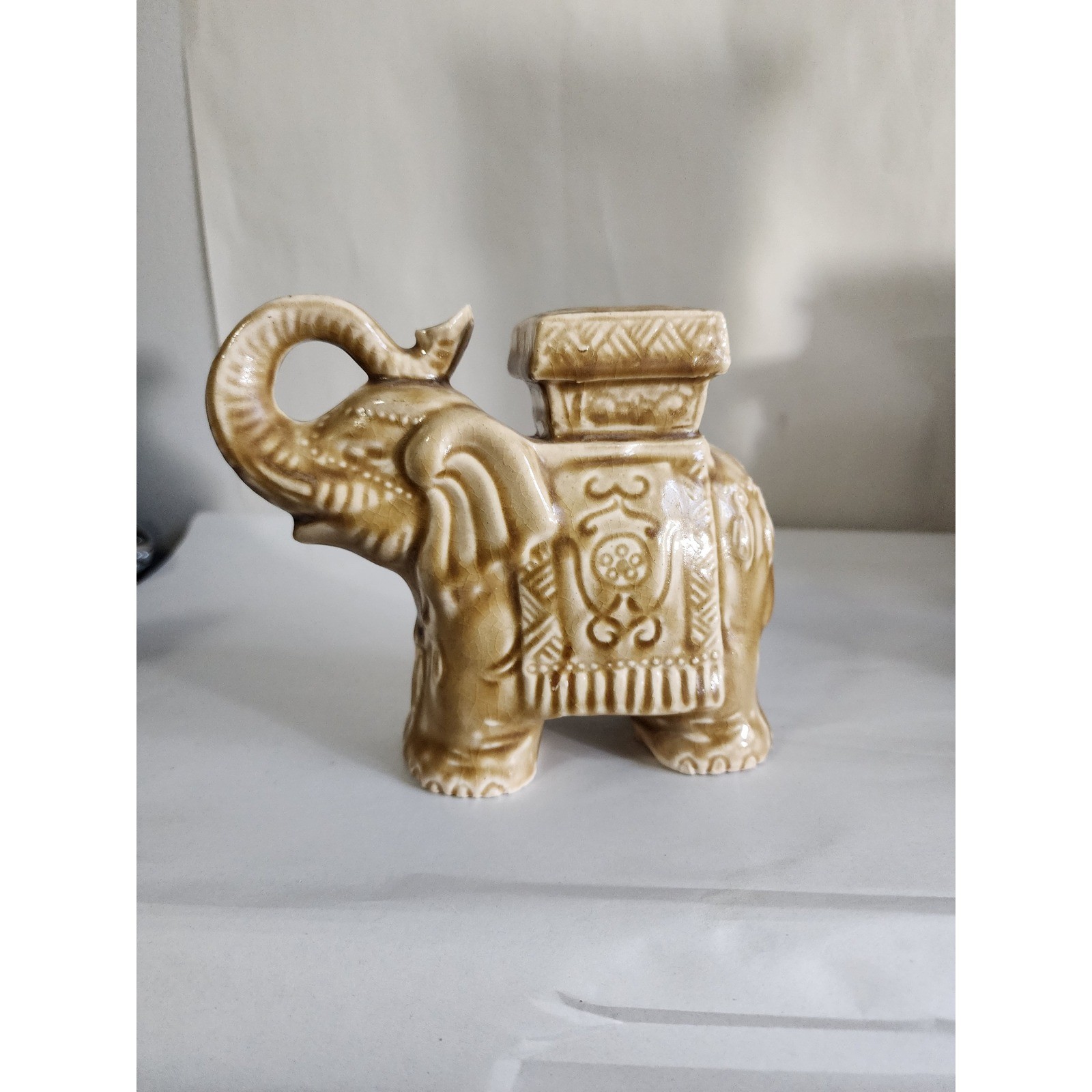 Vintage Ceramic Elephant Figurine Tan Glazed Ornate Decorative Statue Good Luck Vintage Ceramic Elephant Figurine Tan Glazed Ornate Decorative Statue Good Luck