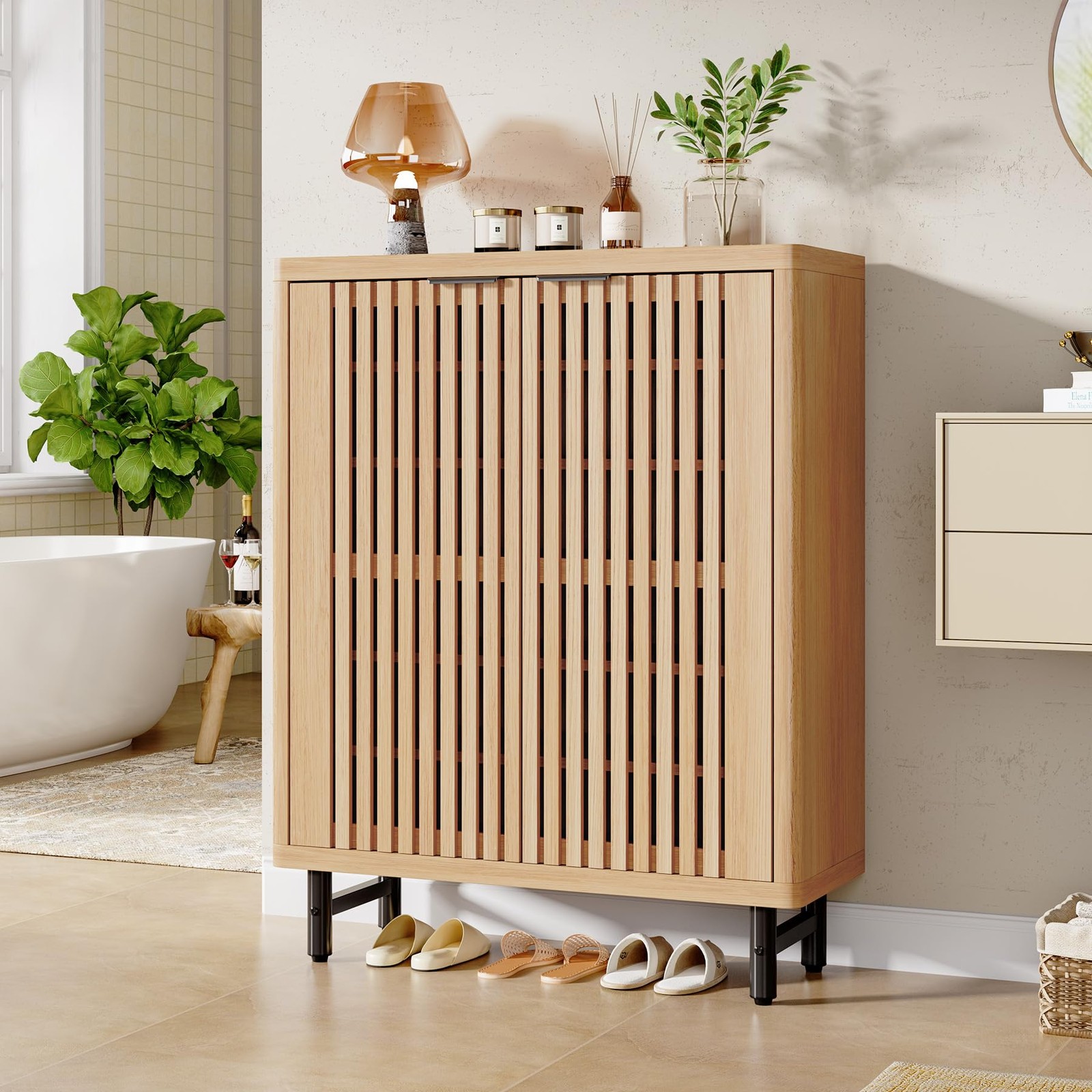 6-Tier Wooden Floor Cabinet 2 Shutter Doors Adjustable Shelves Light Brown