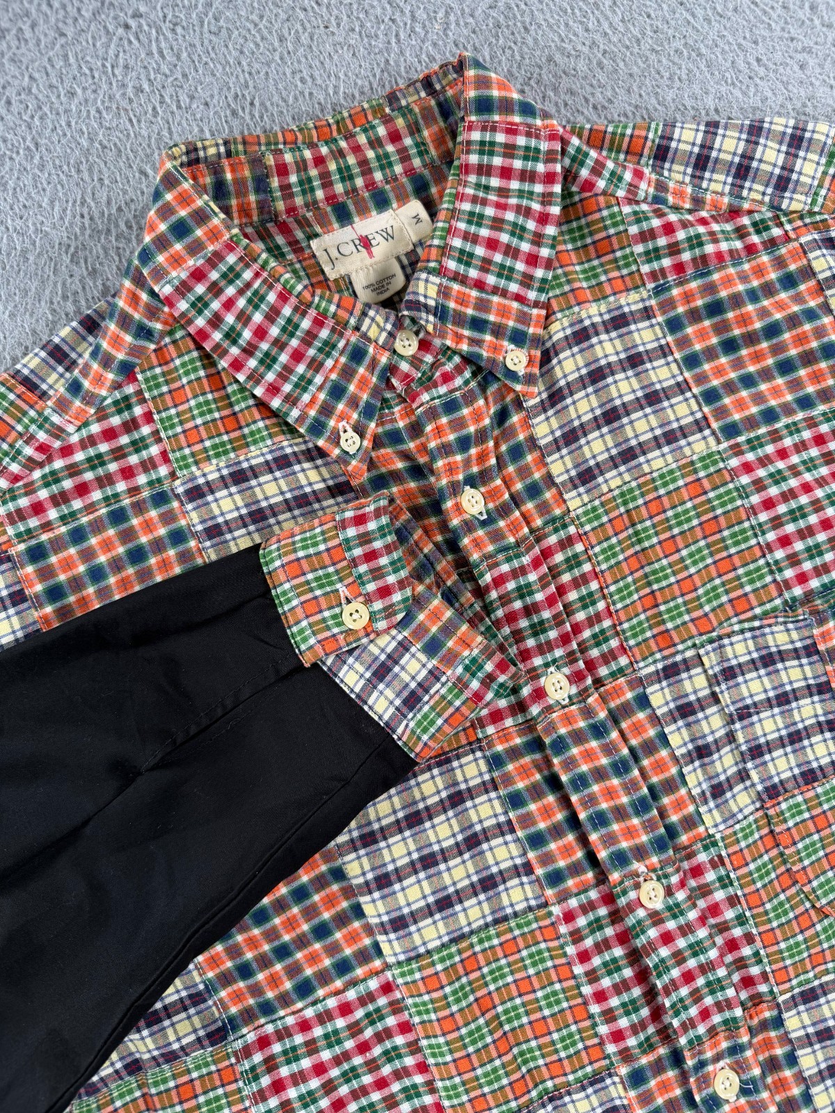 Vintage J. Crew Oarsman Shirt Men\'s Medium Madras Plaid Patchwork Long Sleeve Vintage J. Crew Oarsman Shirt Men\'s Medium Madras Plaid Patchwork Long Sleeve