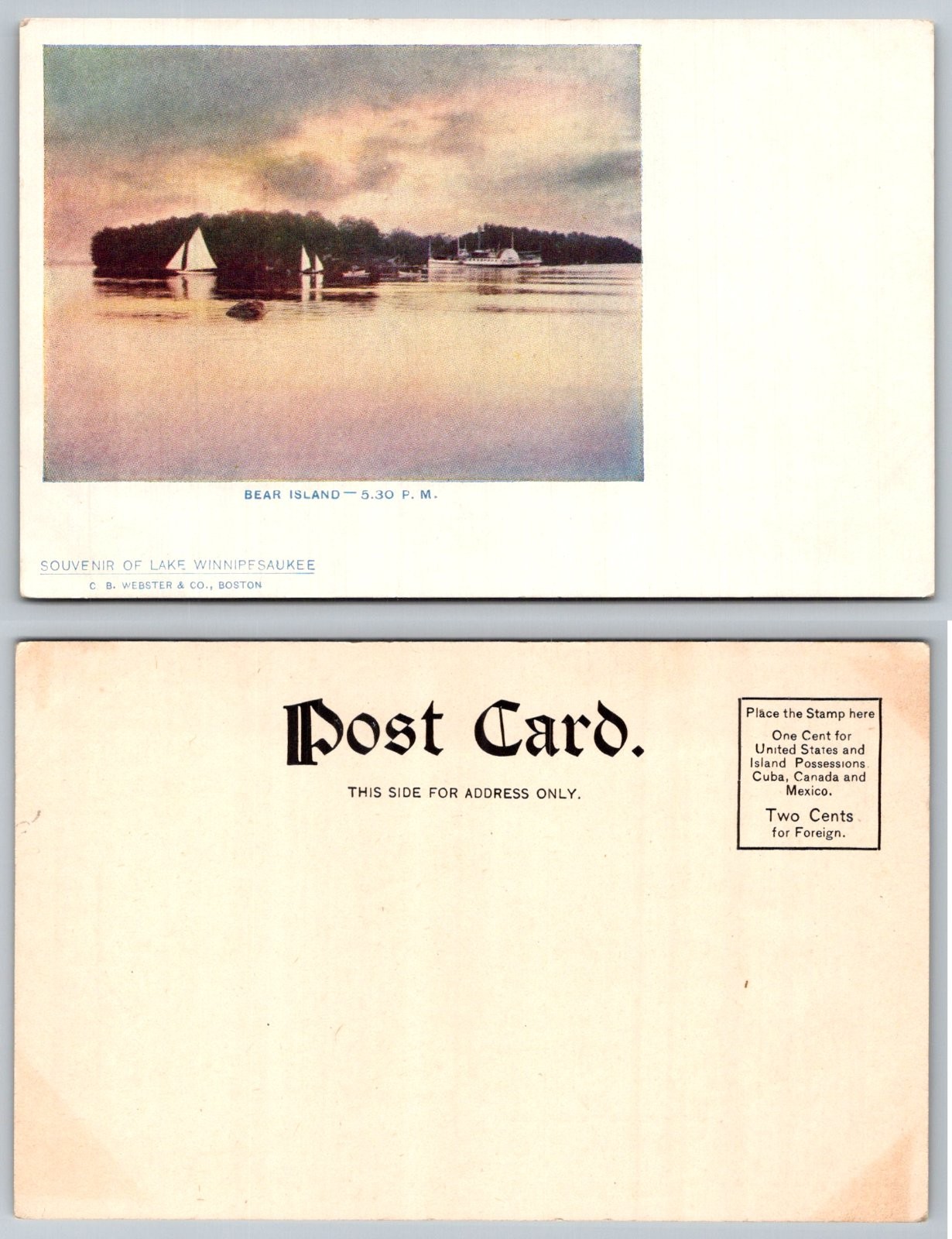 Lake Winnipesaukee New Hampshire Bear Island Sailboats Sunset C. B. Postcard