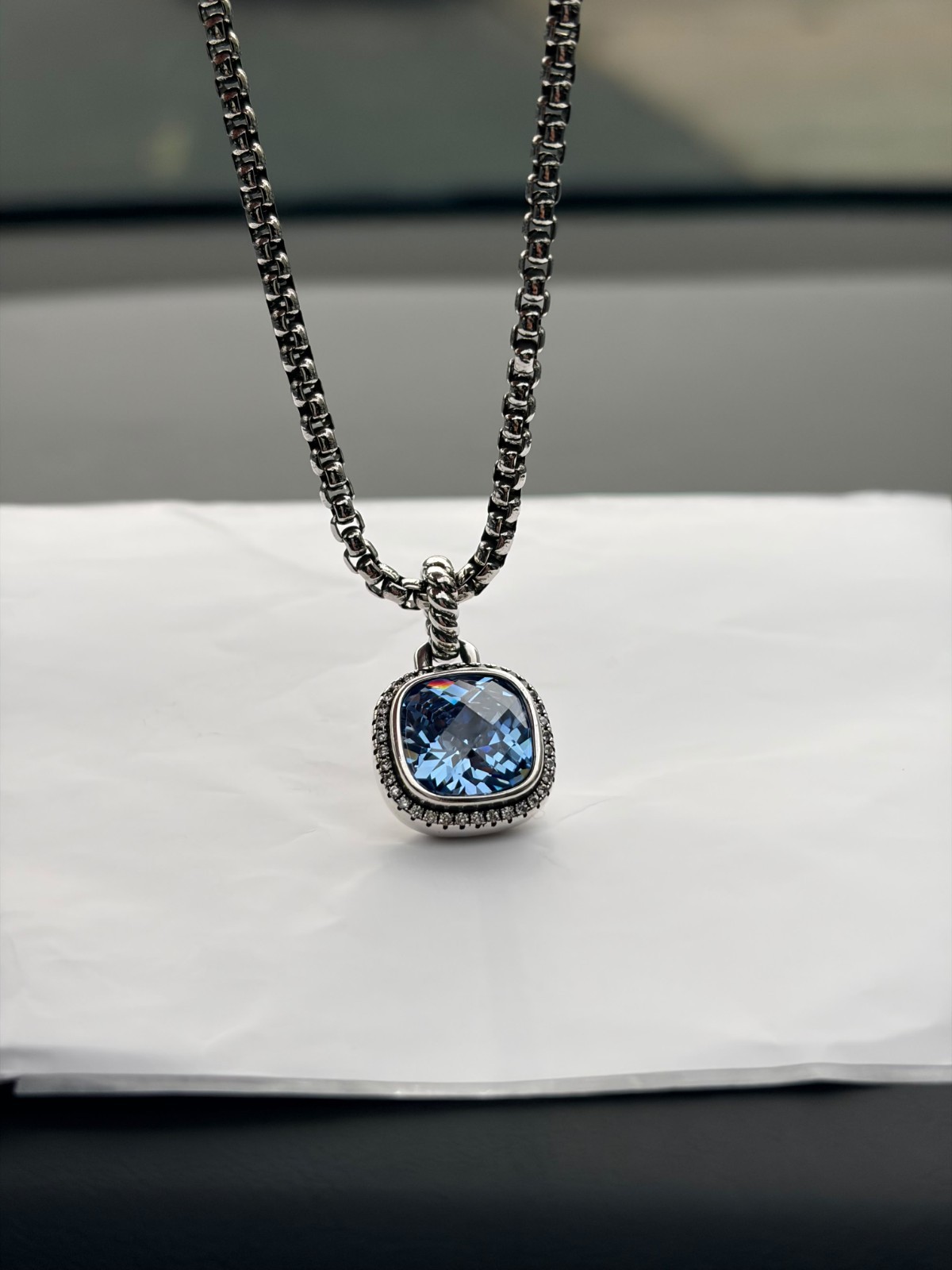 David\'Yurman Sterling Silver Blue Topaz Pendant Necklace & Pave 20 Inches David\'Yurman Sterling Silver Blue Topaz Pendant Necklace & Pave 20 Inches