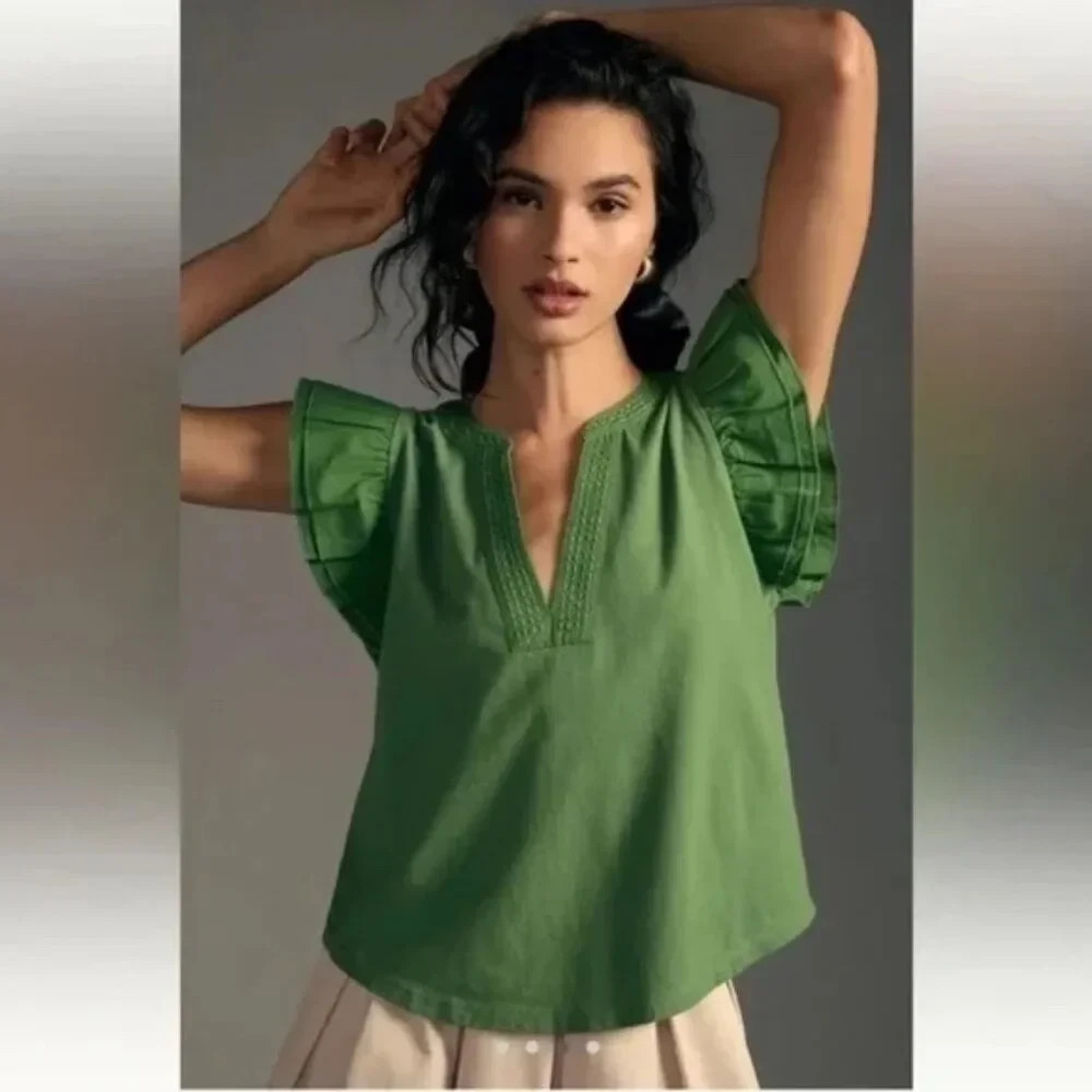 MAEVE Anthropologie Ruffle Sleeve Green Top Size XS MAEVE Anthropologie Ruffle Sleeve Green Top Size XS