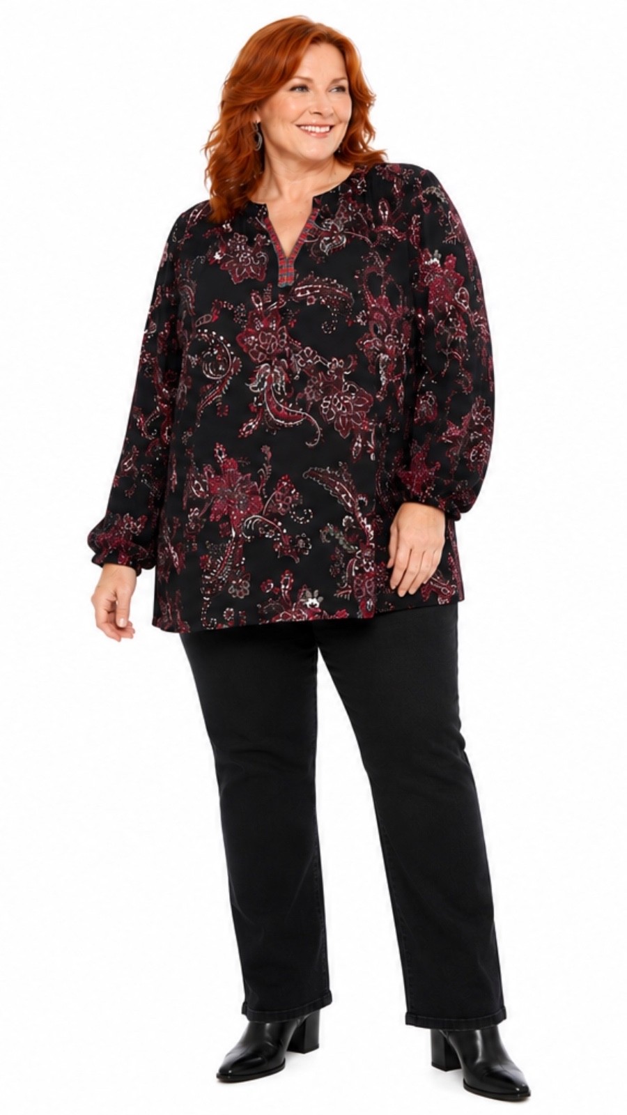 Susan Graver 3X Liquid Knit Red/Black PAISLEY Embellished Tunic