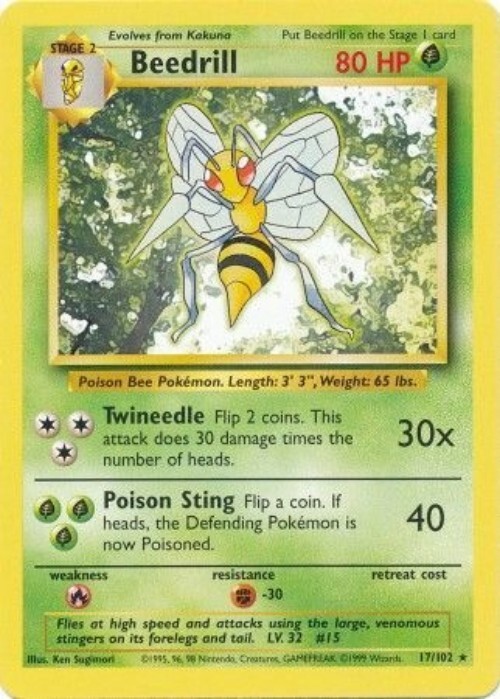 Pokémon TCG - Beedrill - 17/102 - Rare - Base Set Unlimited [Moderately Played]