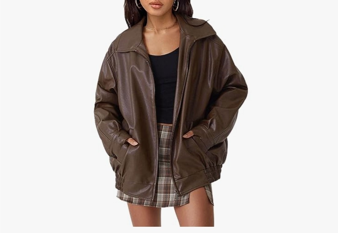 AUTOMET Women\'s Oversized Brown Faux Leather Jacket Size Small