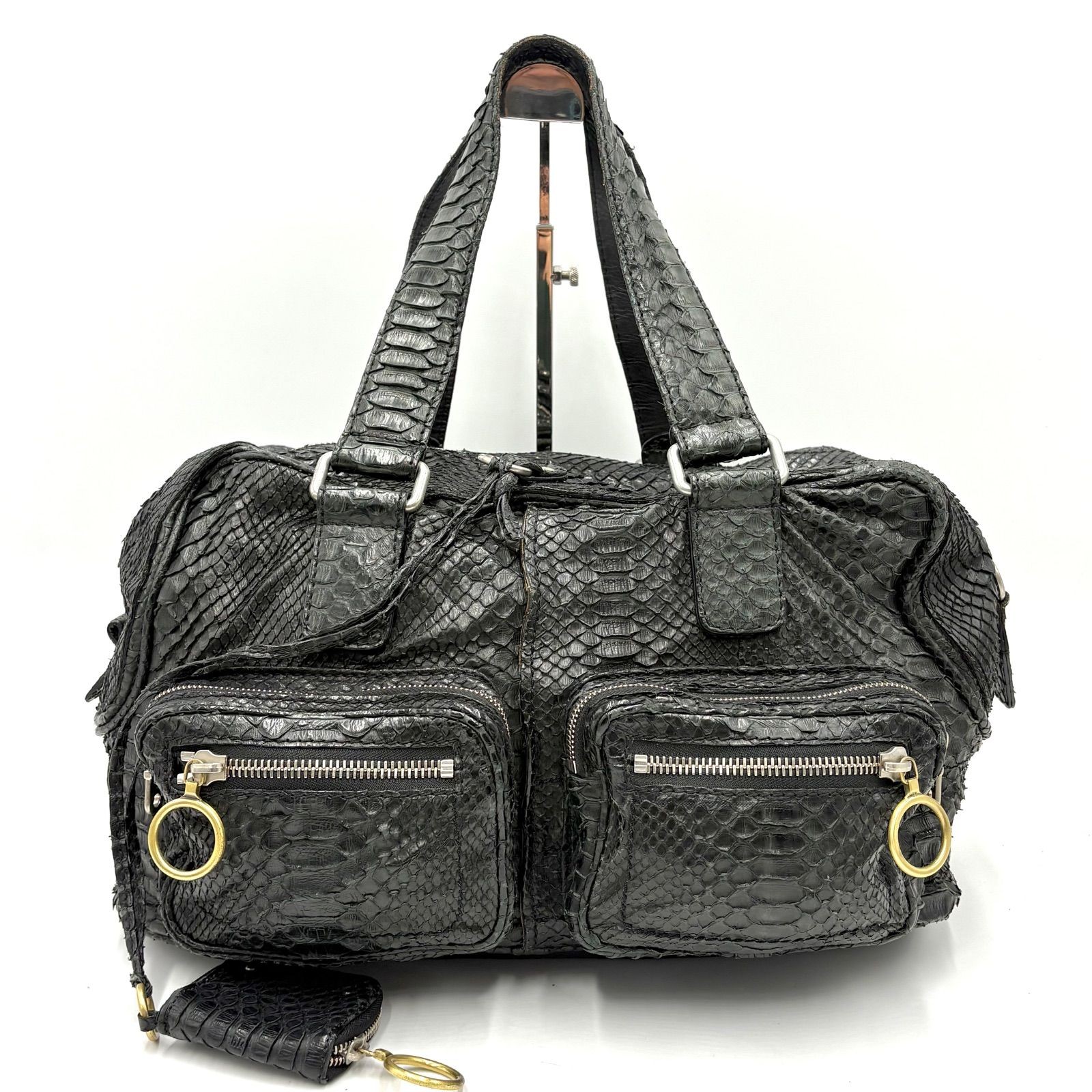 Auth Chloe Betty Y2K Embossed Python Leather Multi-Pocket Handbag Black 3Y1101