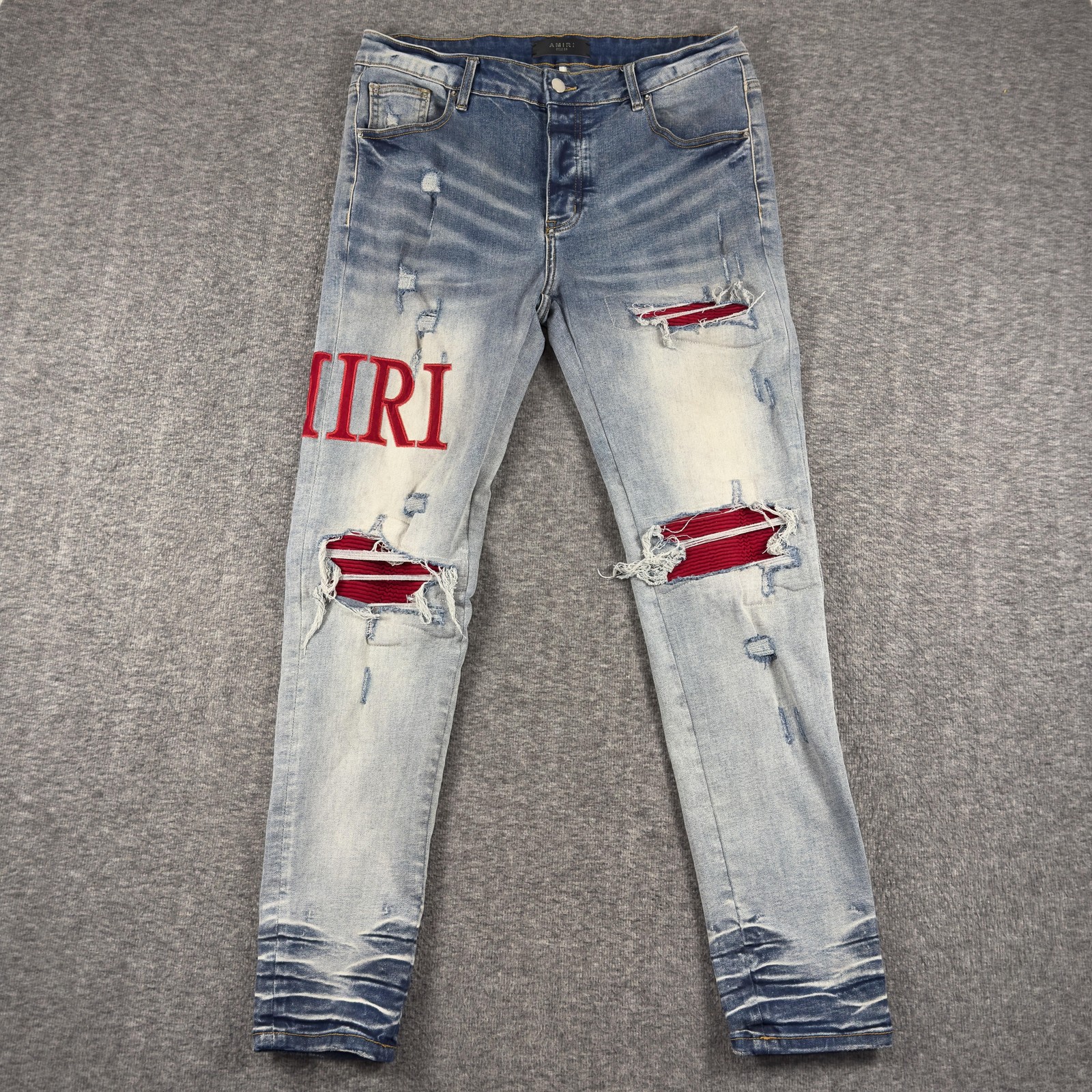 Amiri Jeans Mens 34x31 Light Wash Skinny Red Embroidered Distressed Made USA