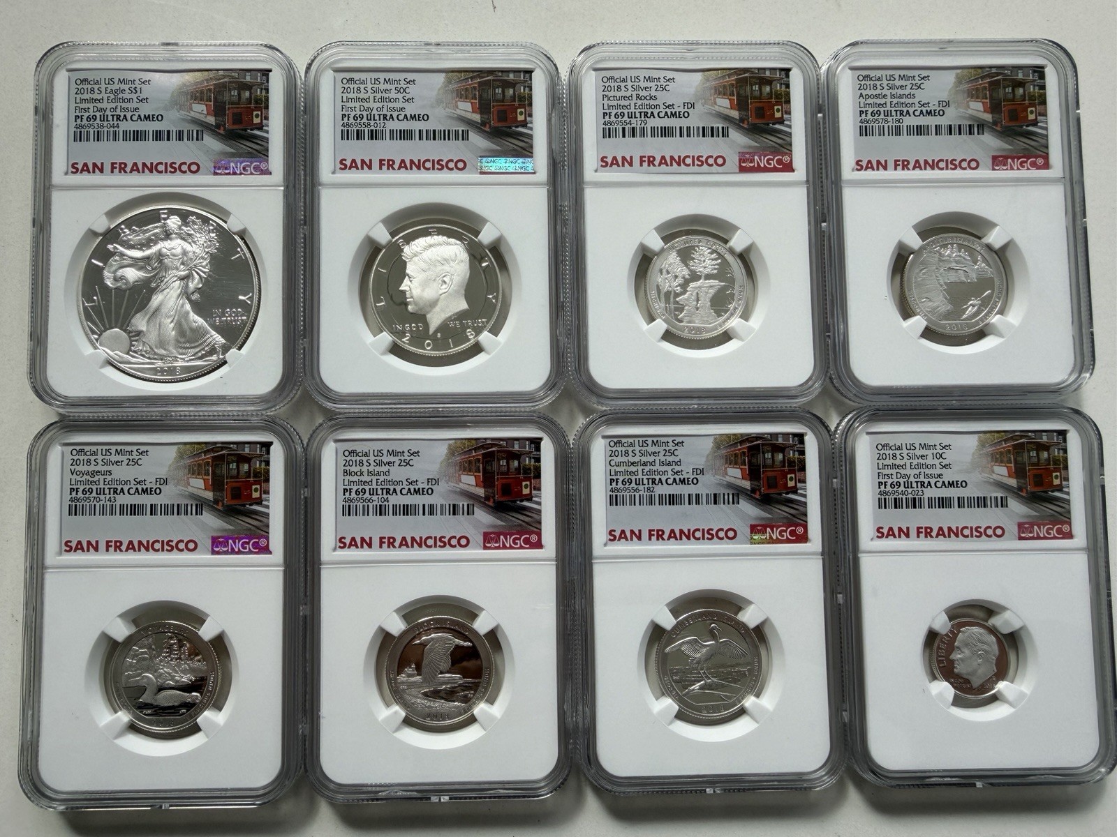 2018-S US Mint Limited Silver Proof 8pc Set NGC PF69 First Day Trolley Label 2018-S US Mint Limited Silver Proof 8pc Set NGC PF69 First Day Trolley Label